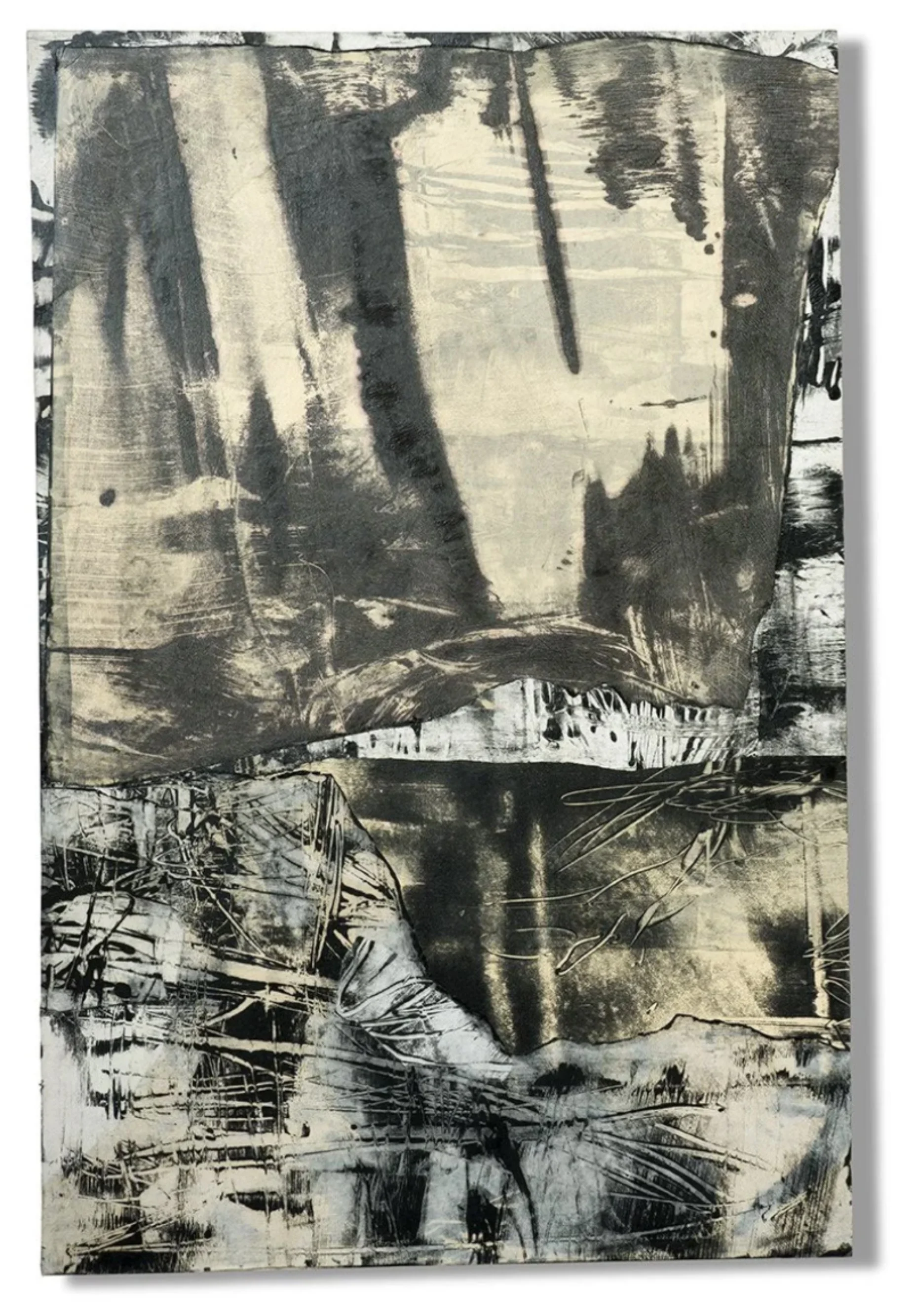 Urban Koan I, 37" x 24" x 2", Encaustic Monotype on Paper Collage mounted on wood panel