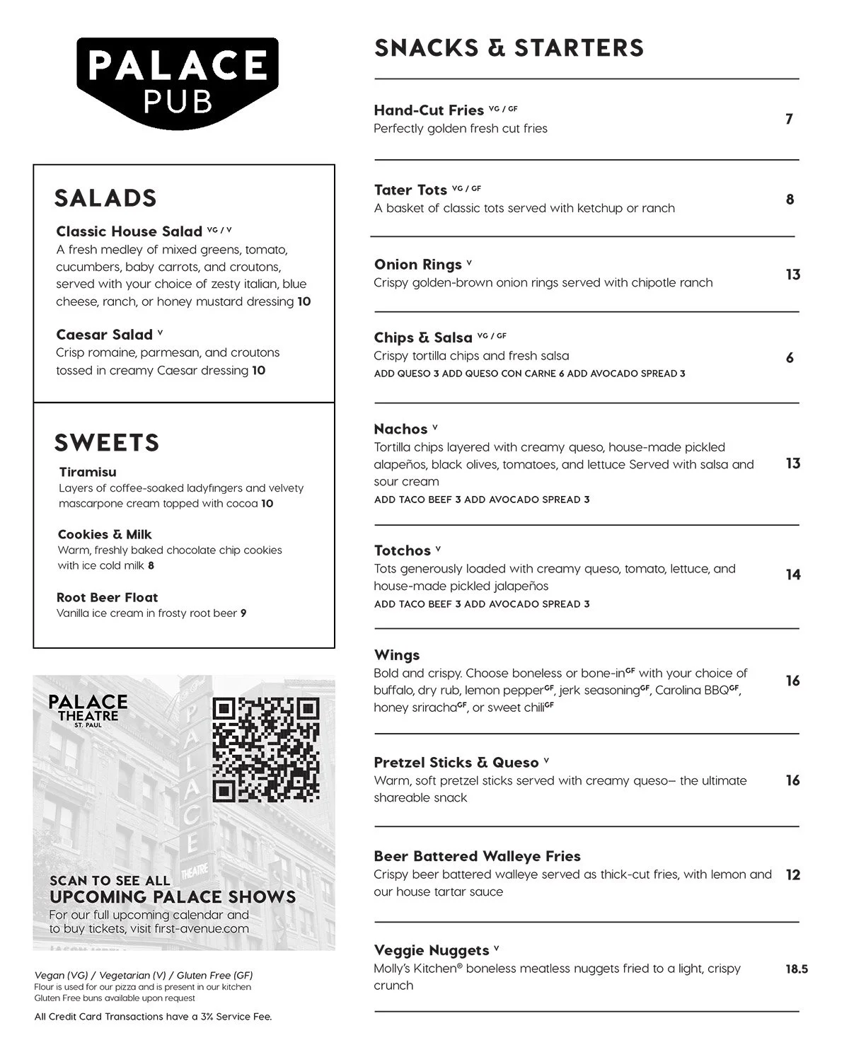Palace Pub menu page 1