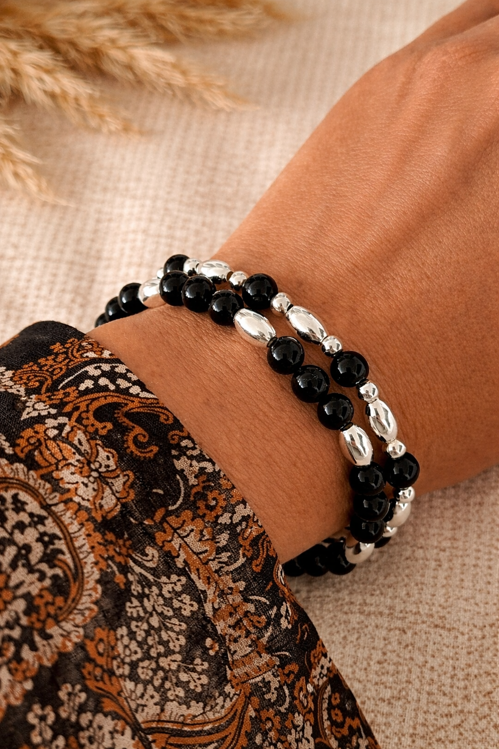 Obsidian Gemstone Double Bracelet Stack