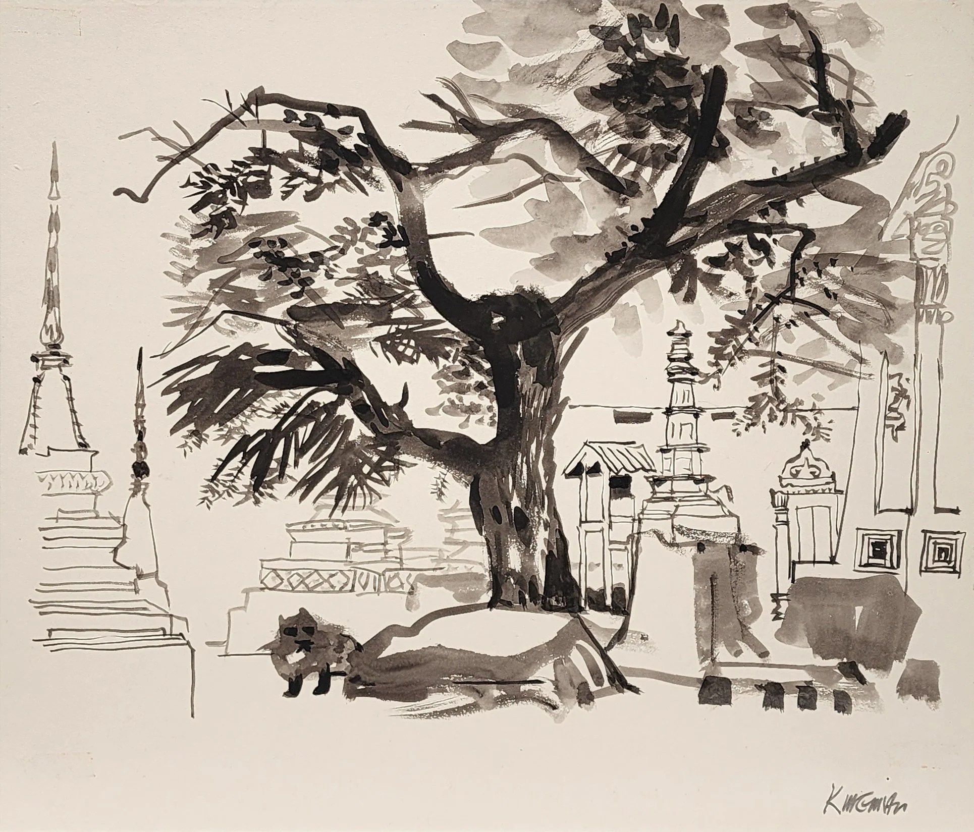 KINGMAN, Dong - Ink Wash Drawing - CITY PARK SCENE