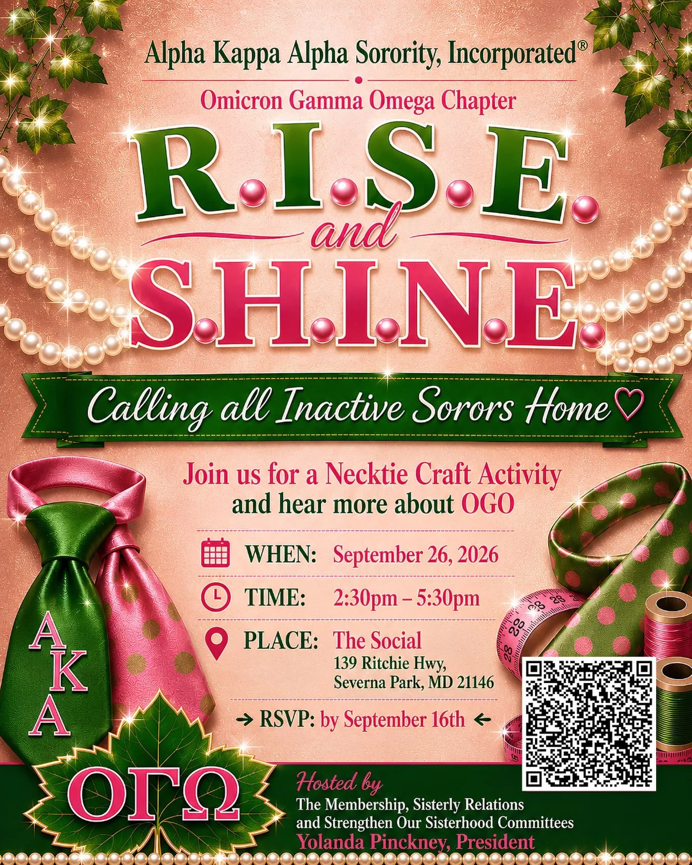 🩷💚 Calling all inactive Sorors home! 🩷💚

It&rsquo;s time to R.I.S.E. and S.H.I.N.E. with Alpha Kappa Alpha Sorority, Incorporated&reg;, Omicron Gamma Omega (OGO) Chapter!

Join us for an afternoon of sisterhood, connection, creativity, and conver