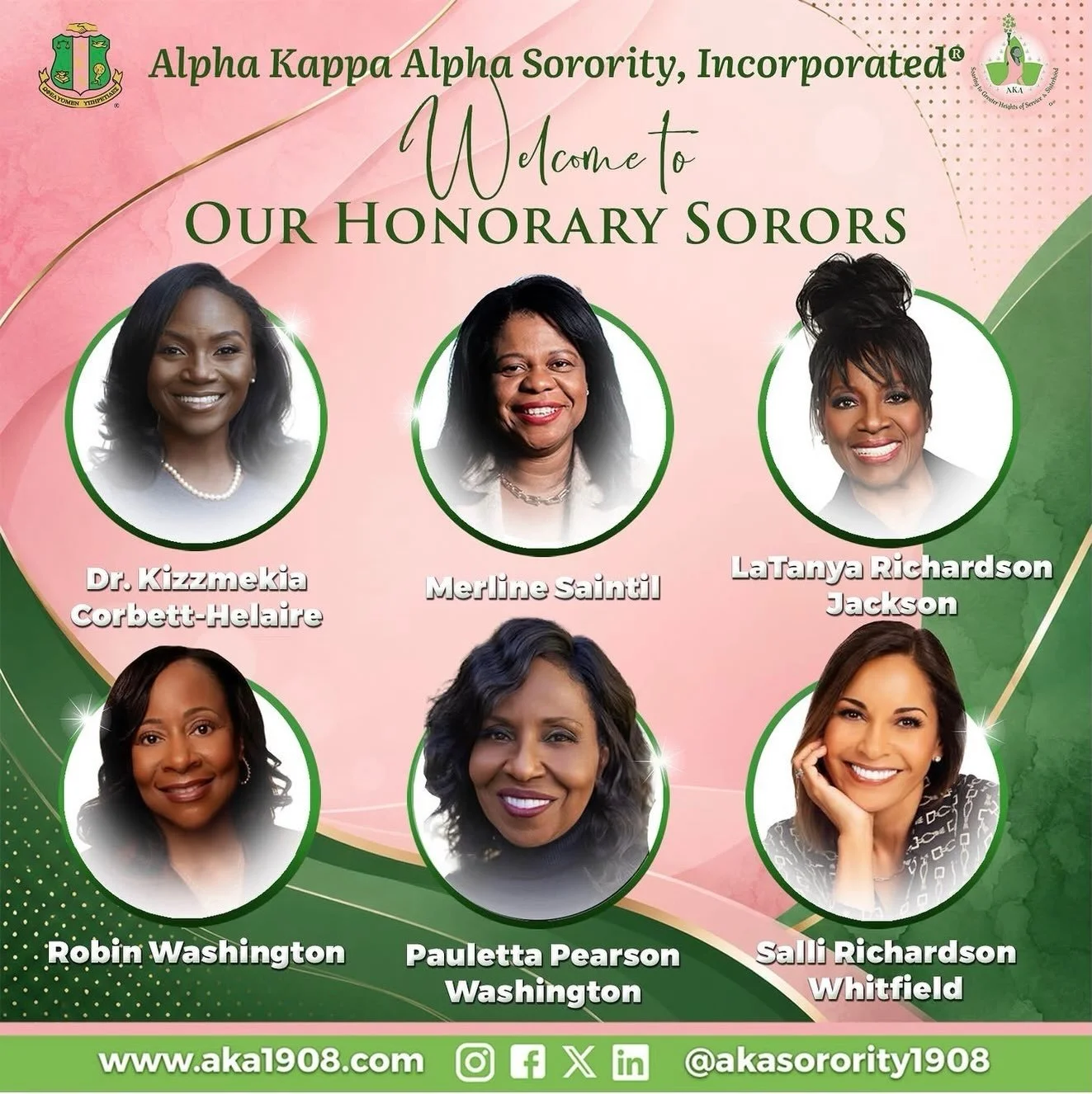 💗💚 Congratulations to Our Newly Inducted Honorary Sorors! 💚💗

Today, we proudly celebrate and welcome an extraordinary group of trailblazing women into the illustrious sisterhood of Alpha Kappa Alpha Sorority, Incorporated&reg;.

Your lives have 