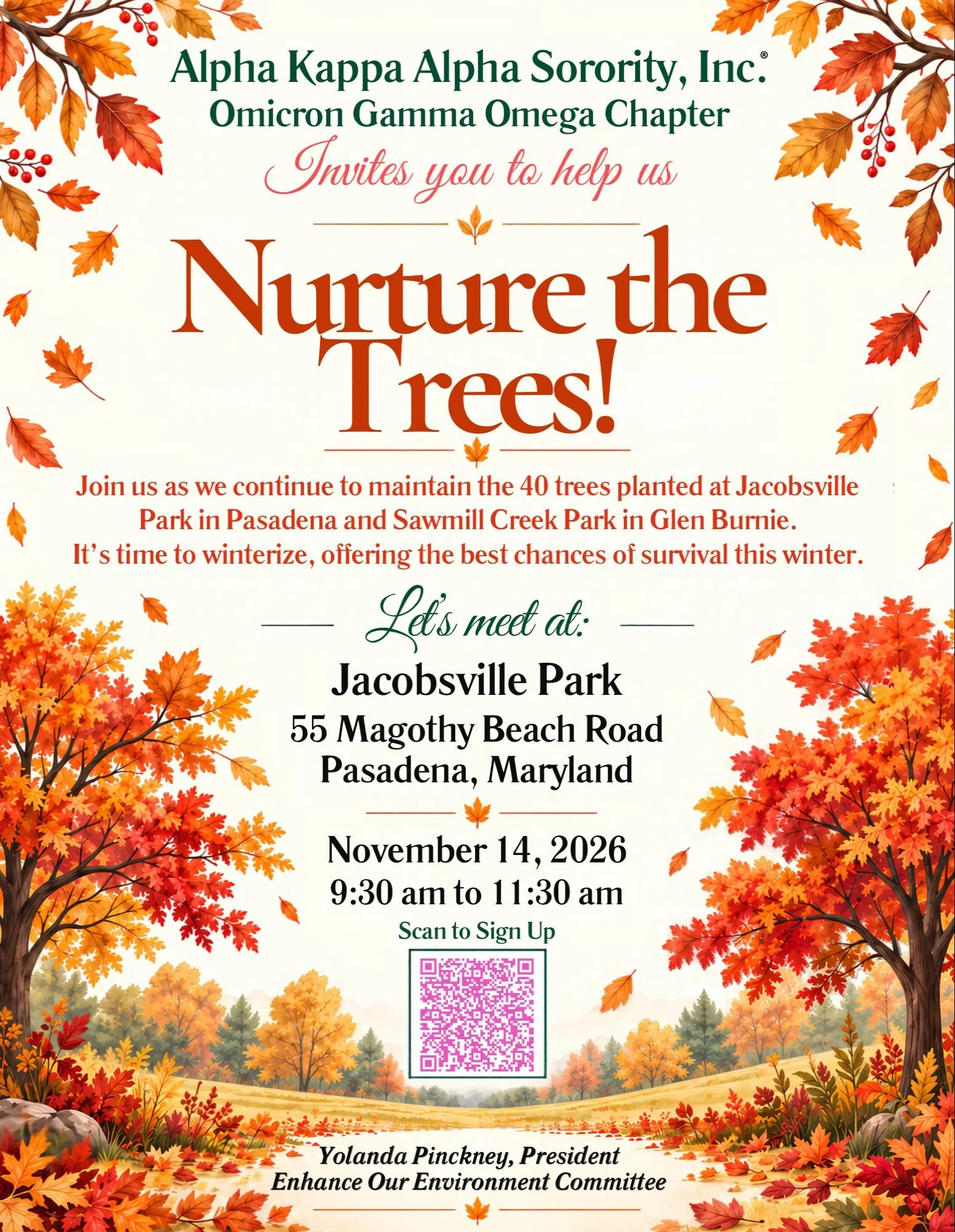 It is that time again! 🍂🍁🪴

Please join us for our Fall Tree Maintenance Event on Saturday, November 14, 2026, 9:30 am - 11:30 am, at Jacobsville Park in Pasadena, Maryland. Many of you came out for the planting, now it&rsquo;s time to see the fru