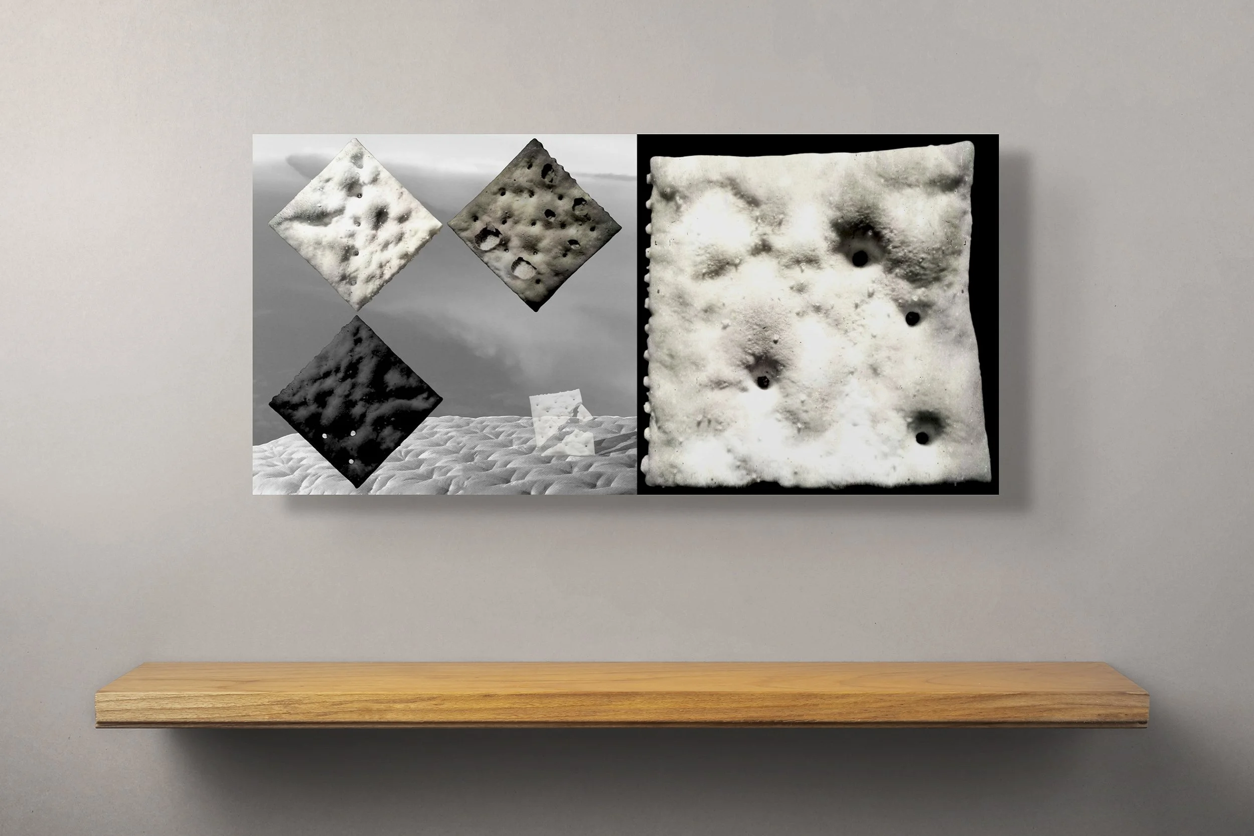Mock-up showing print of Surreal digital composite, Cold Steel Hammer 2, on medium-gray wall, above empty wooden ledge.