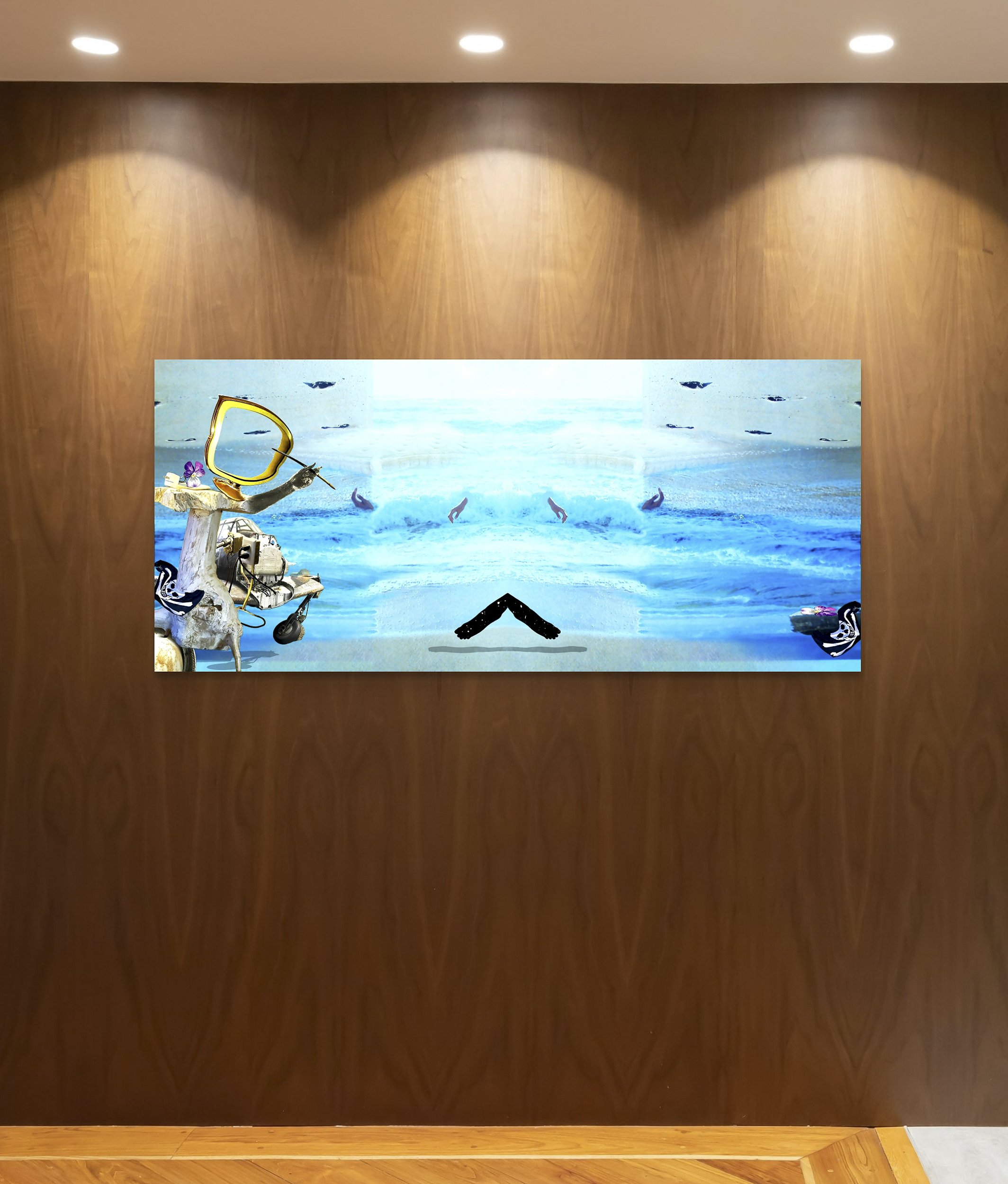 This mock-up shows print of Surreal digital composite, Church of the Drowned Mattresses, installed on wood-paneled wall, with 3 spotlights above;  wooden floor below.