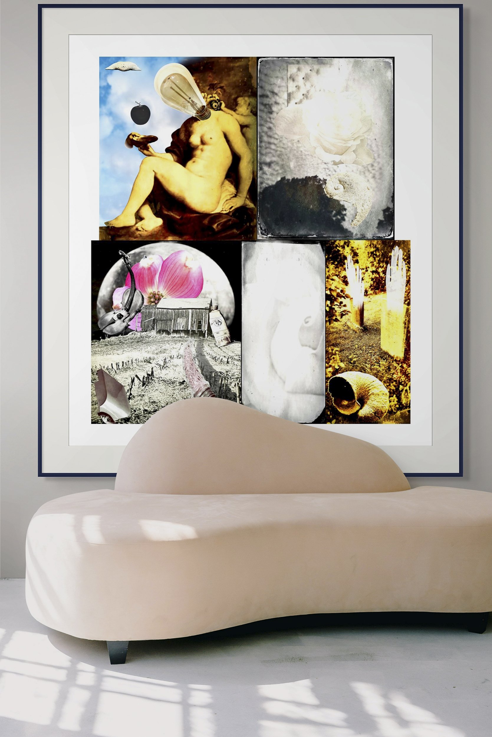 This mock-up shows print of Surreal digital composite, Stacked Hx, on light gray wall, behind sculptural gray-pink sofa with pale gray carpet.