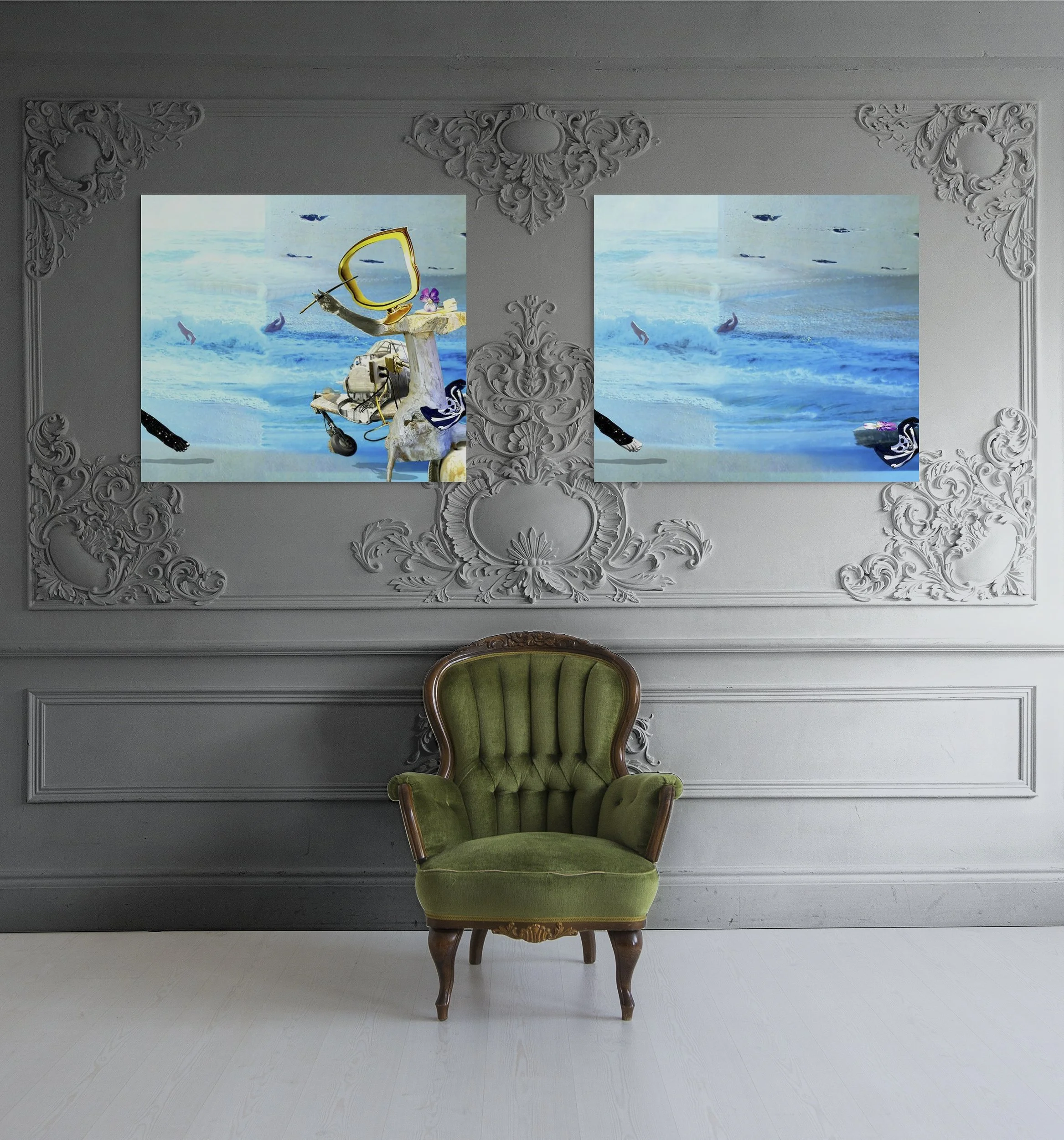 This mock-up shows print of Surreal digital composite, Plain Air 1, installed next to print of Plain Air 2 on gray wall with fancy molding, above gray floor with green upholstered chair at center.