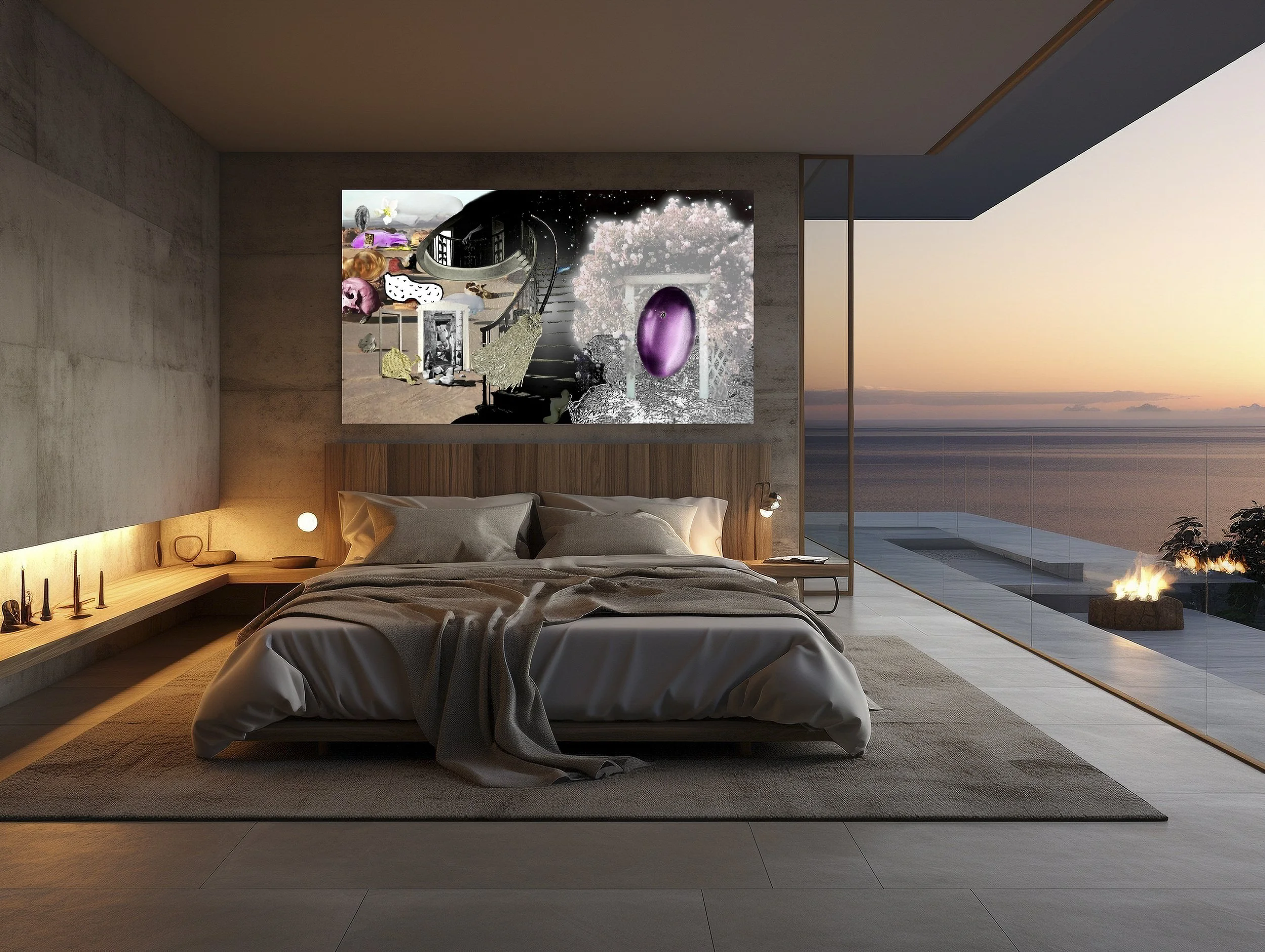 This mock-up shows print of Surrealistic digital composite, Funhouse, on concrete wall of modern-style bedroom with 'glass' wall, neutral tones and seascape backdrop.