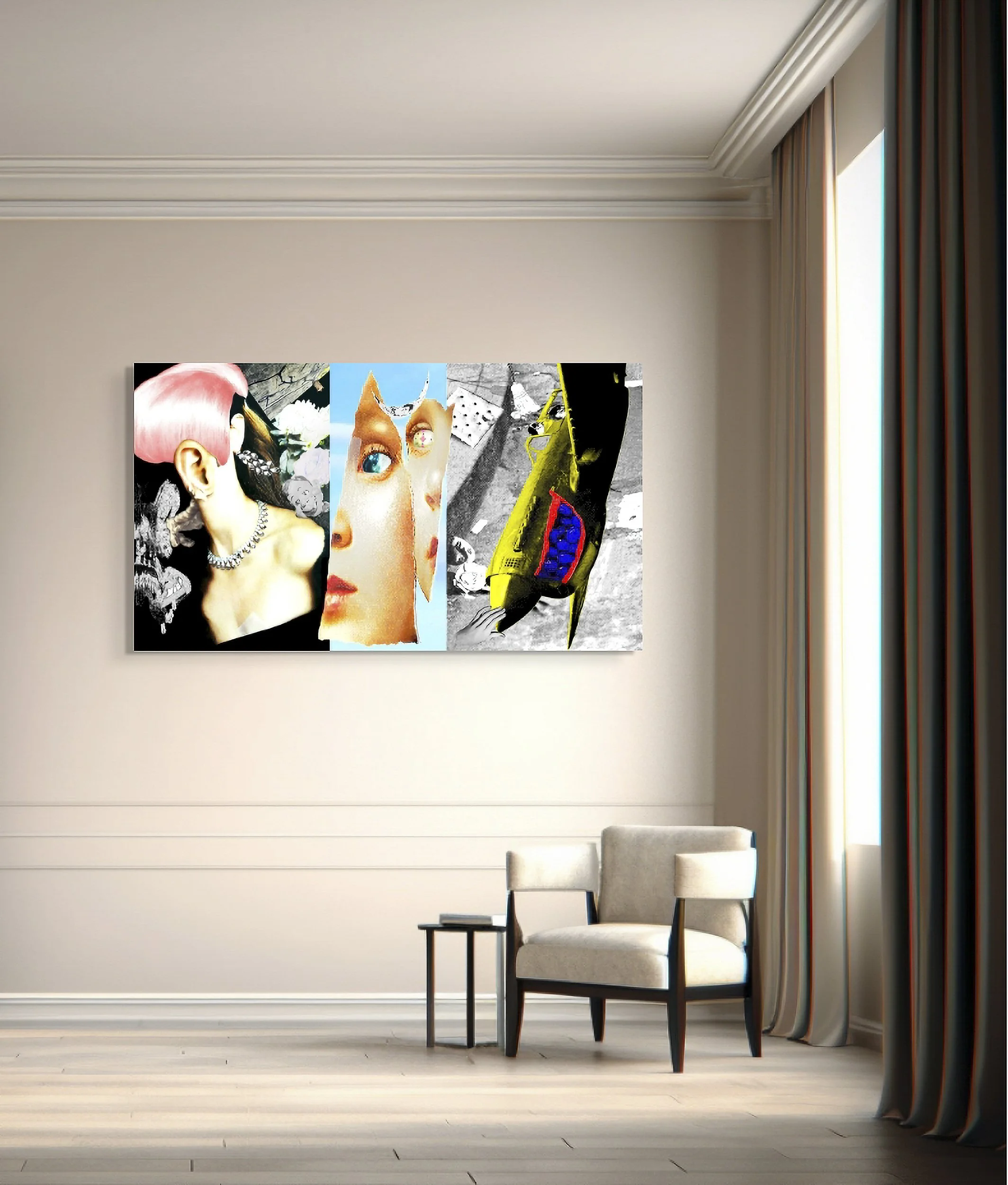 This mock-up shows print of Surrealistic composite, Les Femmes Fatale, installed on neutral colored wall in classic-style room.