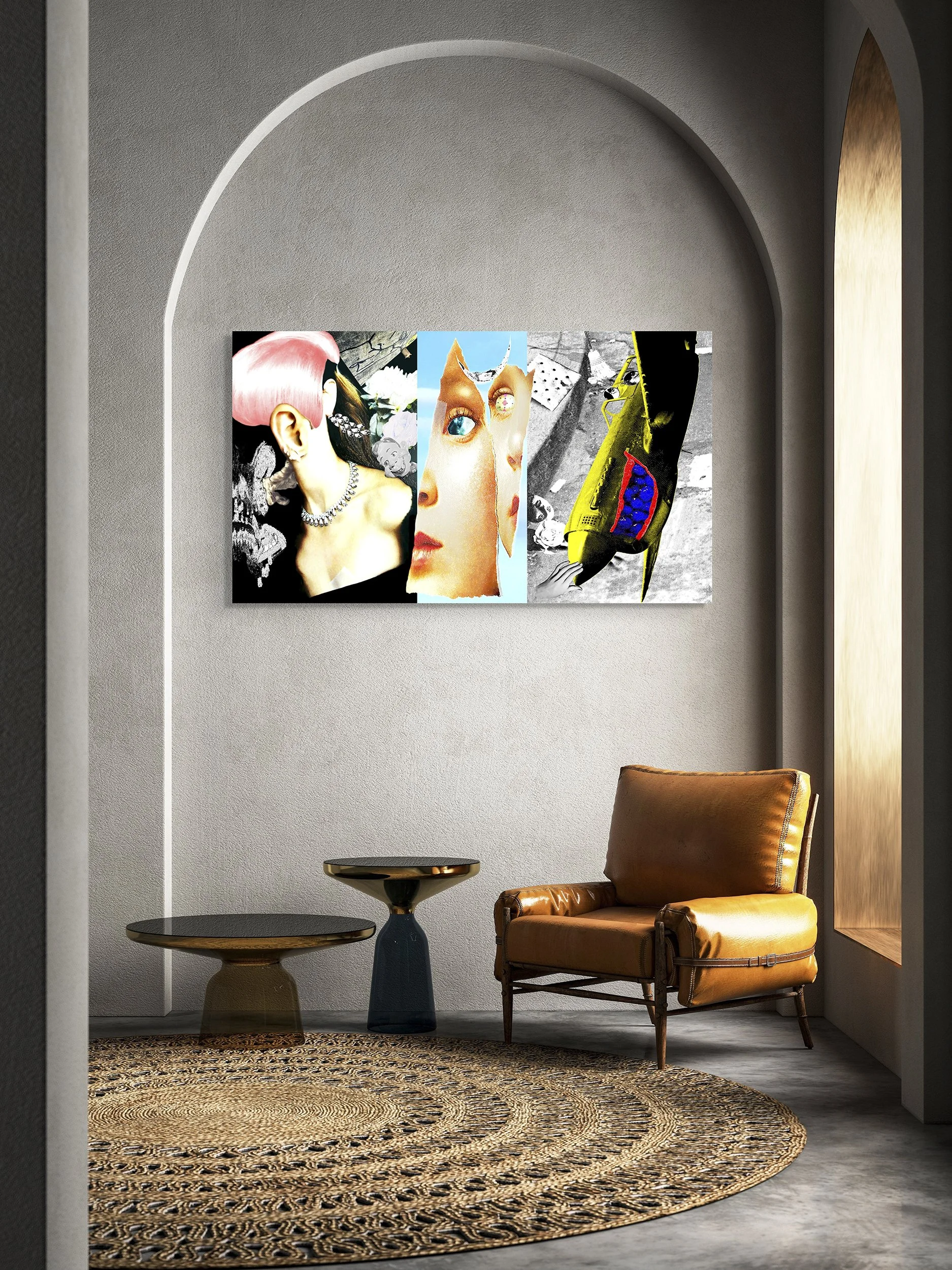 This mock-up shows print of Surreal digital composite, Les Femmes Fatale, installed on gray room wall, in arched recess, with furnishings in warm tones.