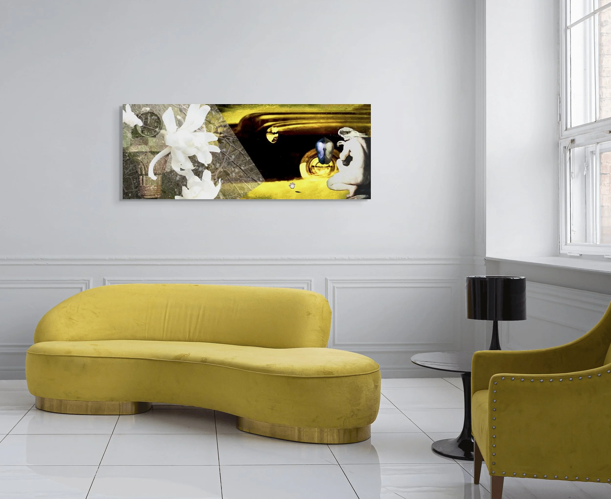 This mock-up shows print of Surrealistic digital composite, Neverything (Timing), on pale gray wall, behind modern yellow-upholstered sofa with brass base.