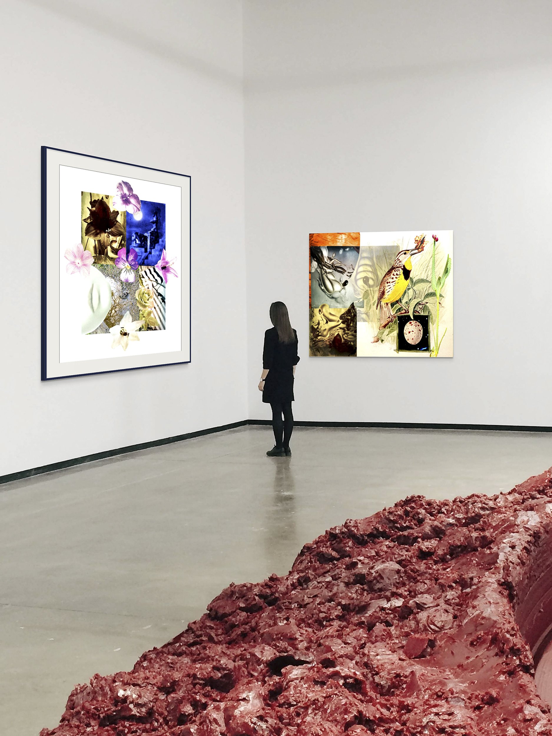 This mock-up shows print of Surreal digital composite, Orthographic Projection with Bird and Cactus, on gray gallery wall near print of Garden, with spectator, red sculpture and concrete floor.