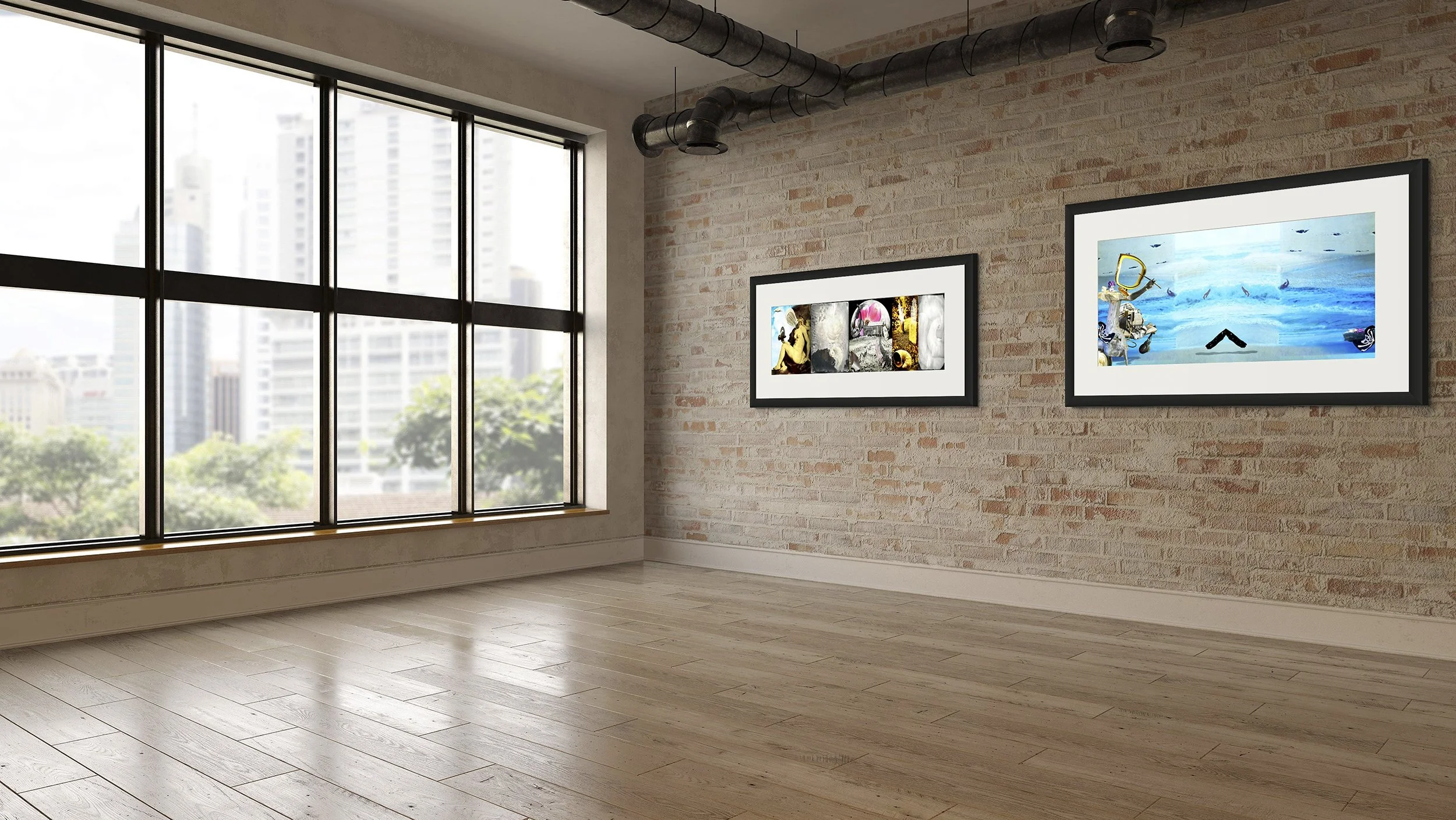 This mock-up shows print of Surrealistic digital composite, Church of the Drowned Mattresses, on brick wall of gallery space with black duct work, city view thru window-wall and wooden floor.