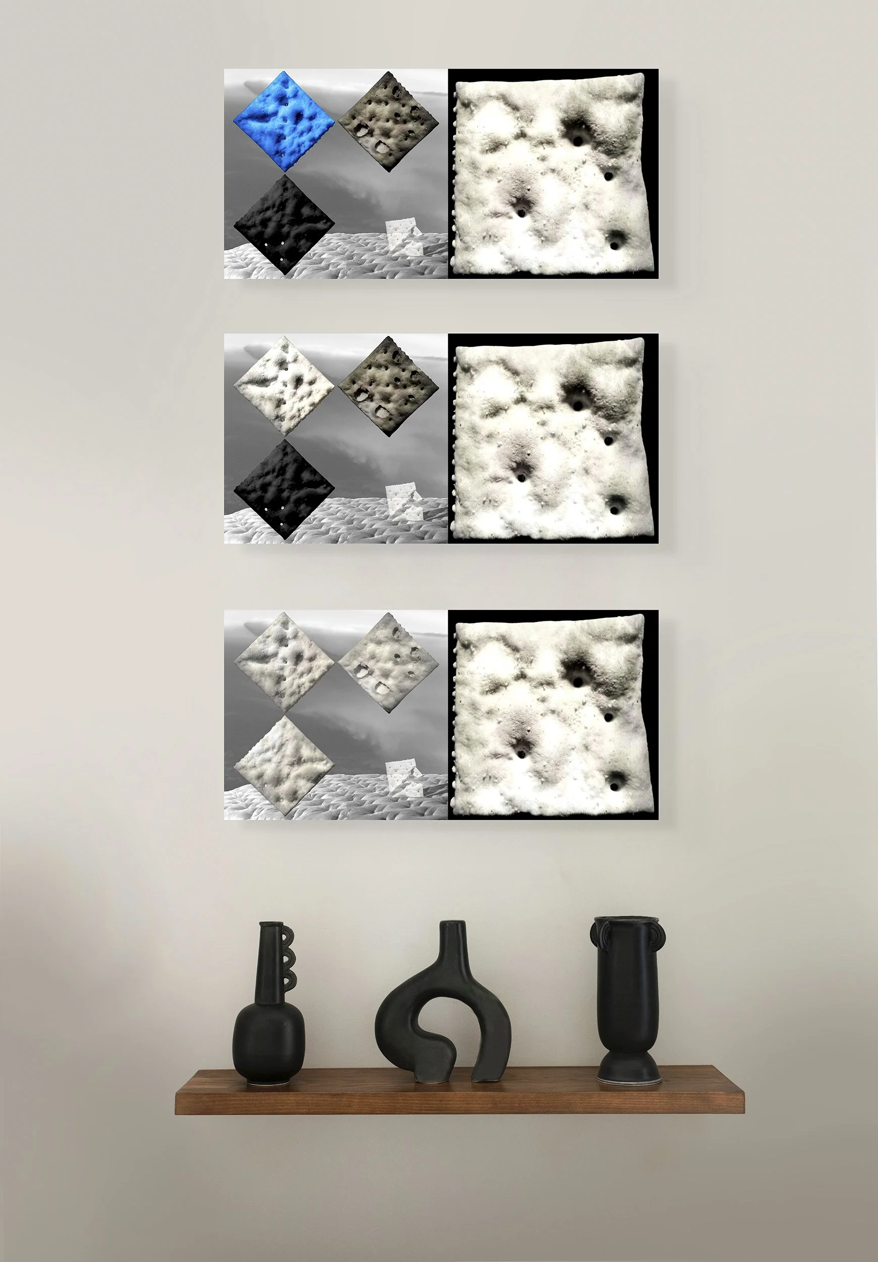 Mock-up showing prints of Surrealist digital composites:  Cold Steel Hammer 1, 2 and 3, on medium-gray wall, above three black ceramic vases on wooden ledge.