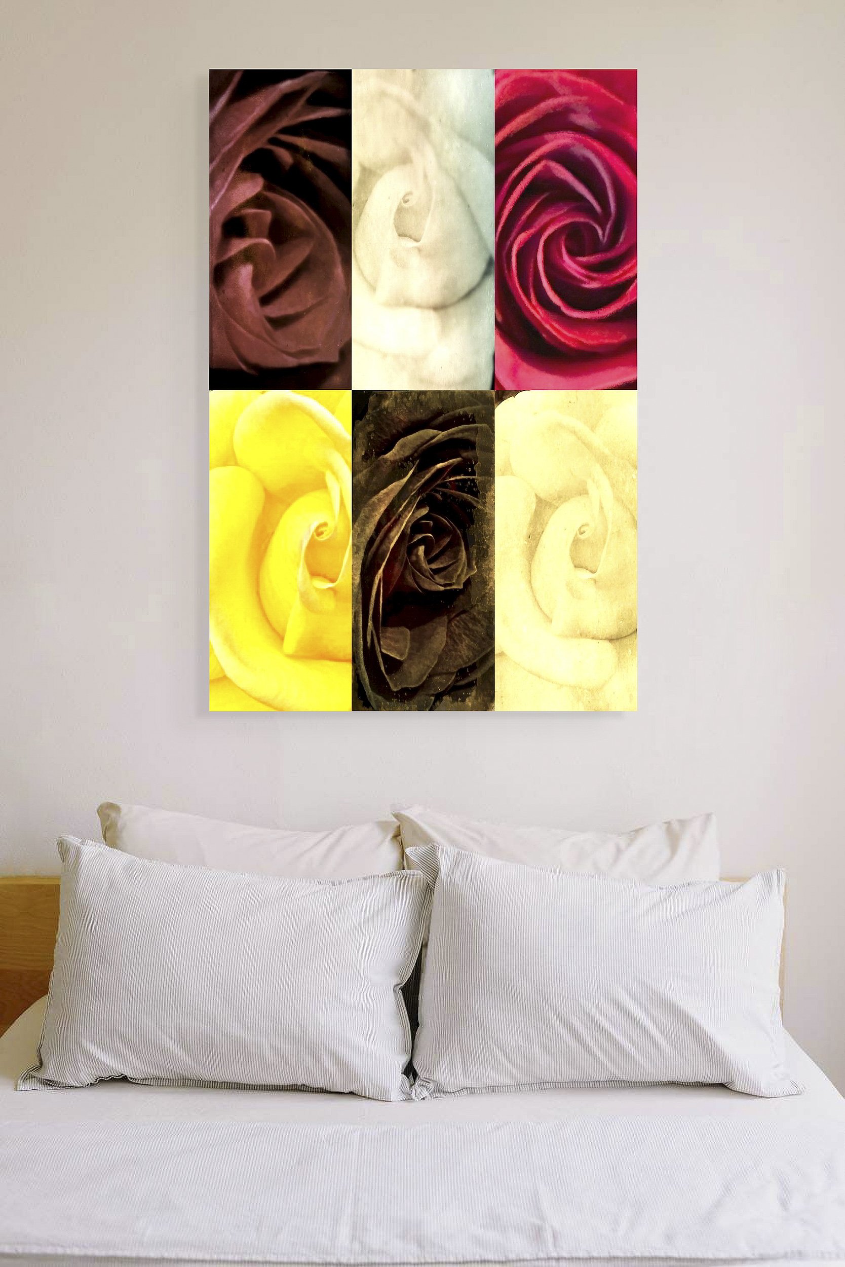 This mock-up shows print of digital composite, Roses, on warm pale-gray wall above bed with white spread and pillows.
