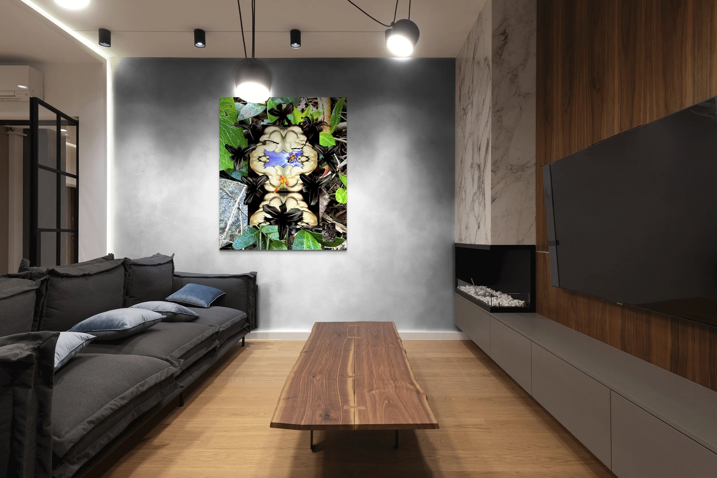 This mock-up shows print of Surreal digital composite, Xotic, on pale gray end-wall of contemporary room with exotic wood table and wall, wood flooring, black couch, track lights and large TV screen.
