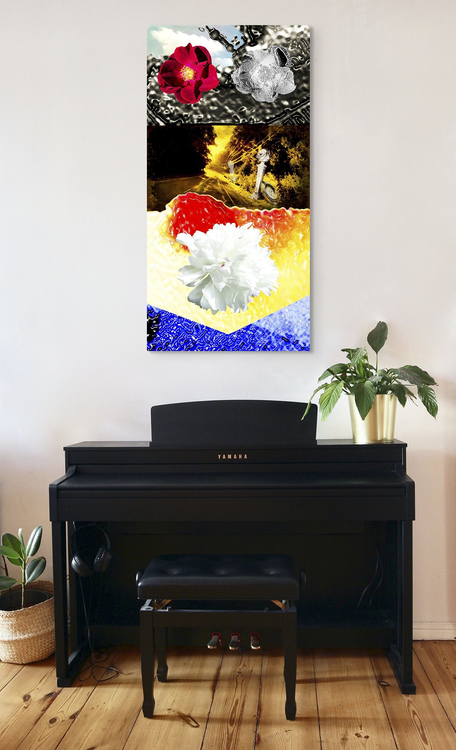 This mock-up shows print of Surrealistic digital composite, Supernatural, on pale gray wall above black piano and wood flooring.
