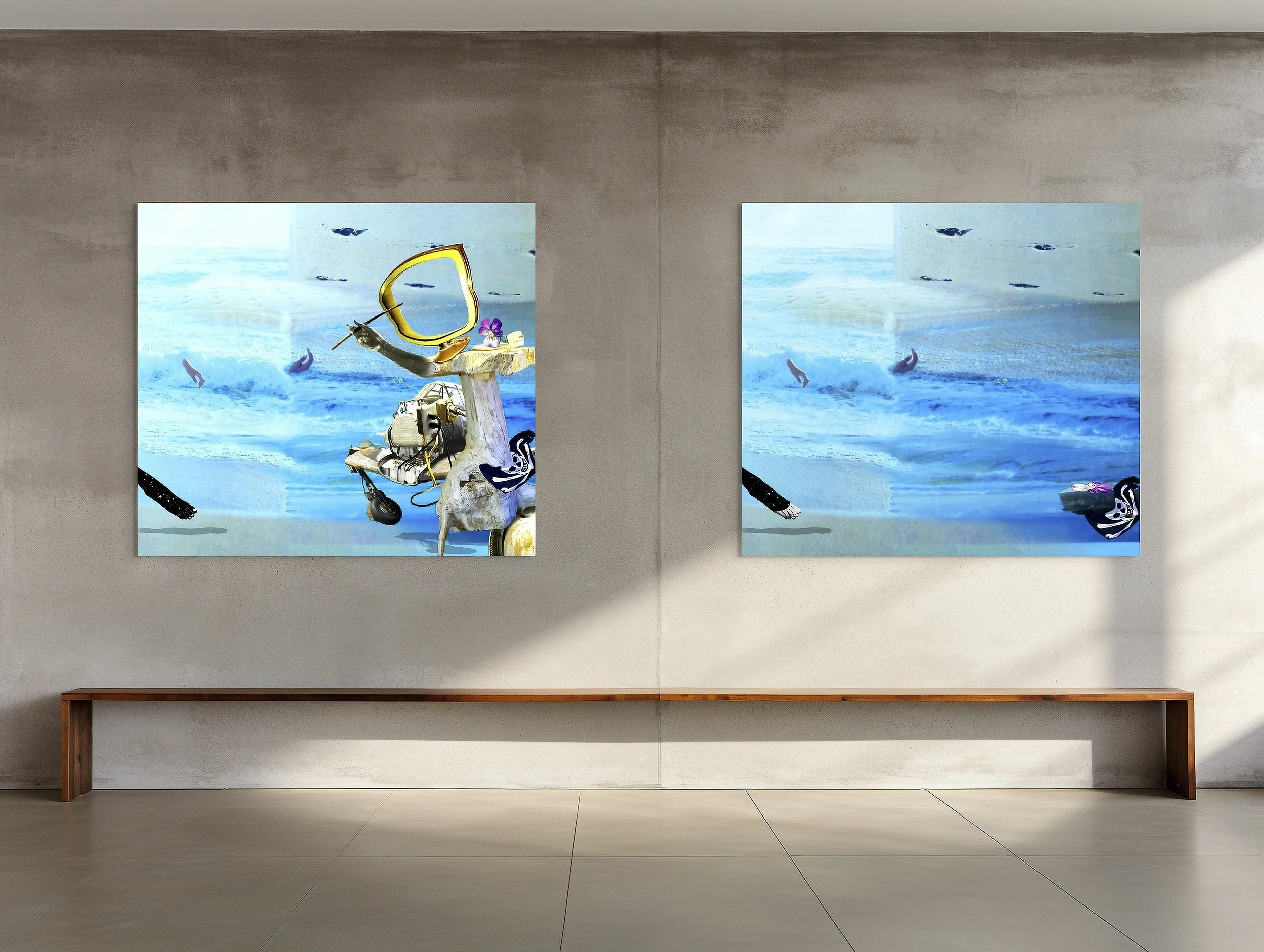 This mock-up shows print of Surrealistic digital composite, Plain Air 1, next to print of Plain Air 2 on gray gallery wall, above long wooden bench and gray stone tile floor.