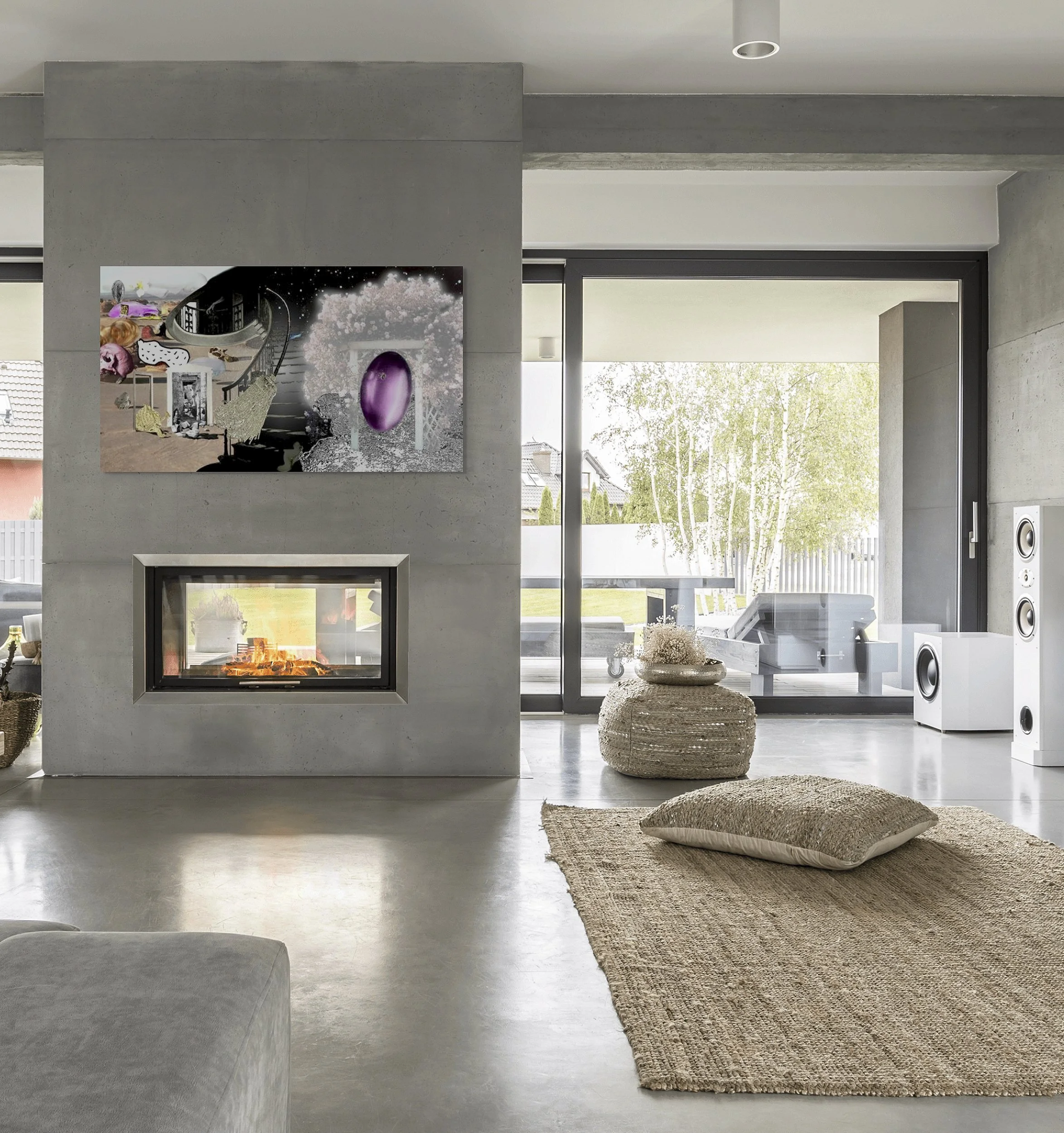 This mock-up shows print of Surrealistic digital composite, Funhouse, installed on fireplace column in contemporary-style room with gray walls, polished concrete floor, neutral tones.