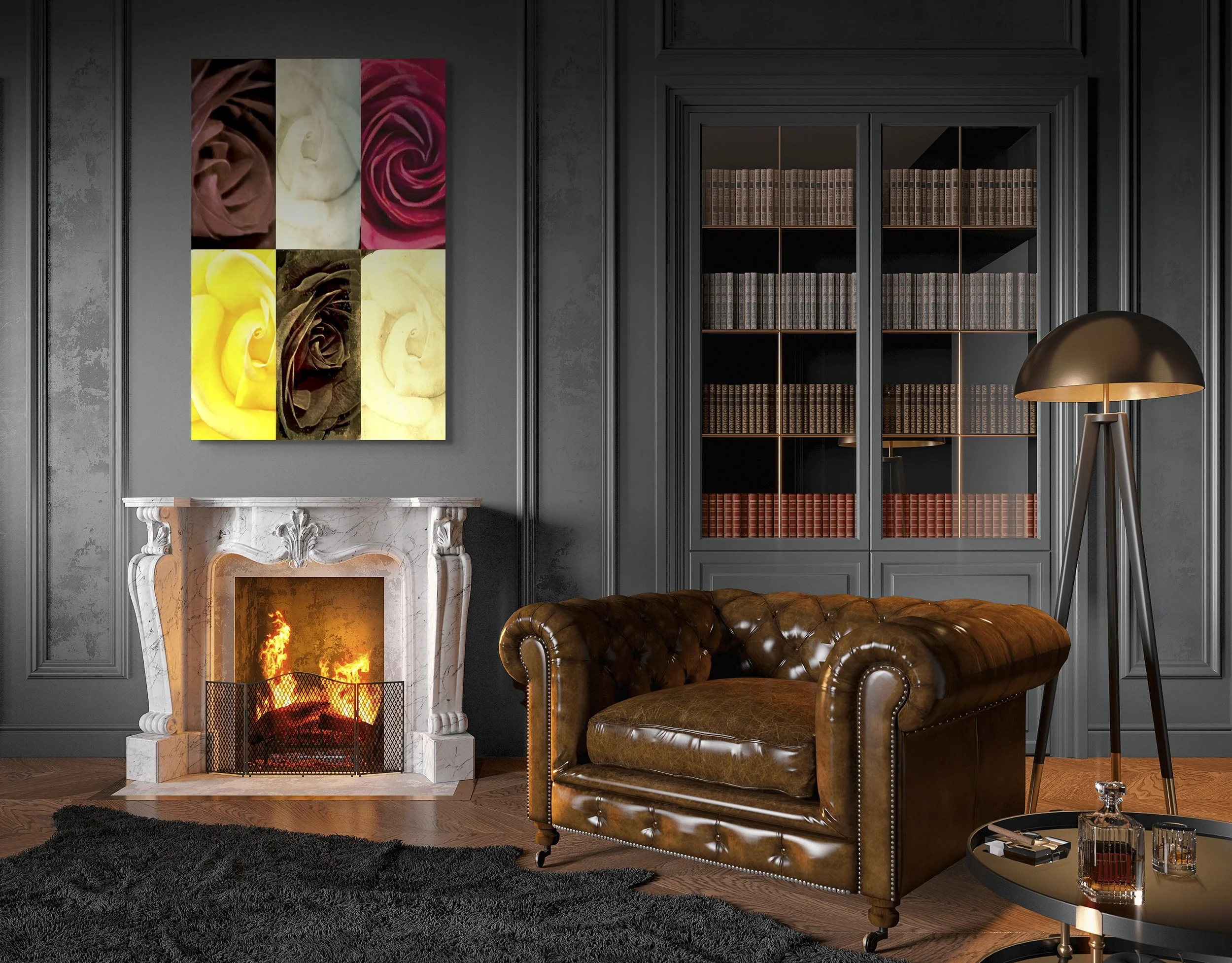 This mock-up shows print of digital composite, Roses, over carved white marble fireplace in lux room with leather upholstered chair, tripod floor lamp and table with glass of whiskey and cigar.
