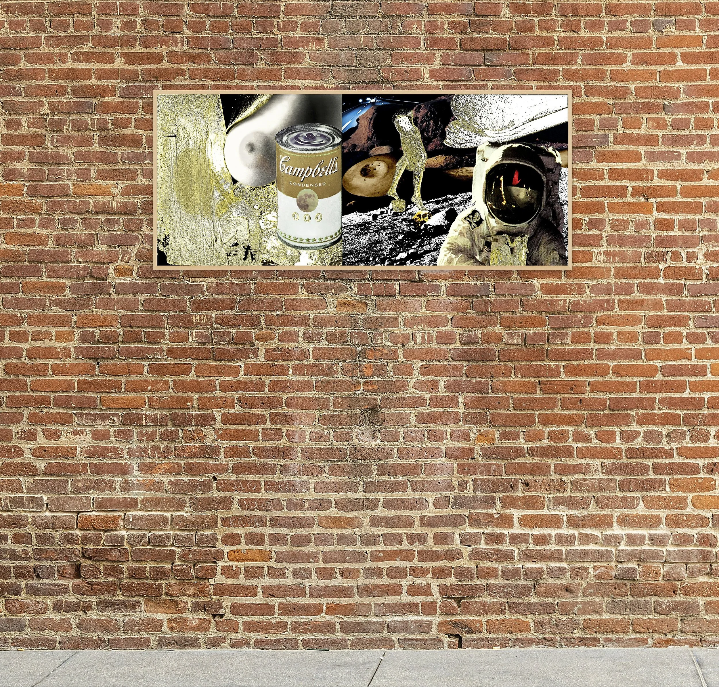 This  Mock-up shows print of Surreal digital composite, FuelCel, installed on red-orange distressed brick wall, above gray concrete floor.