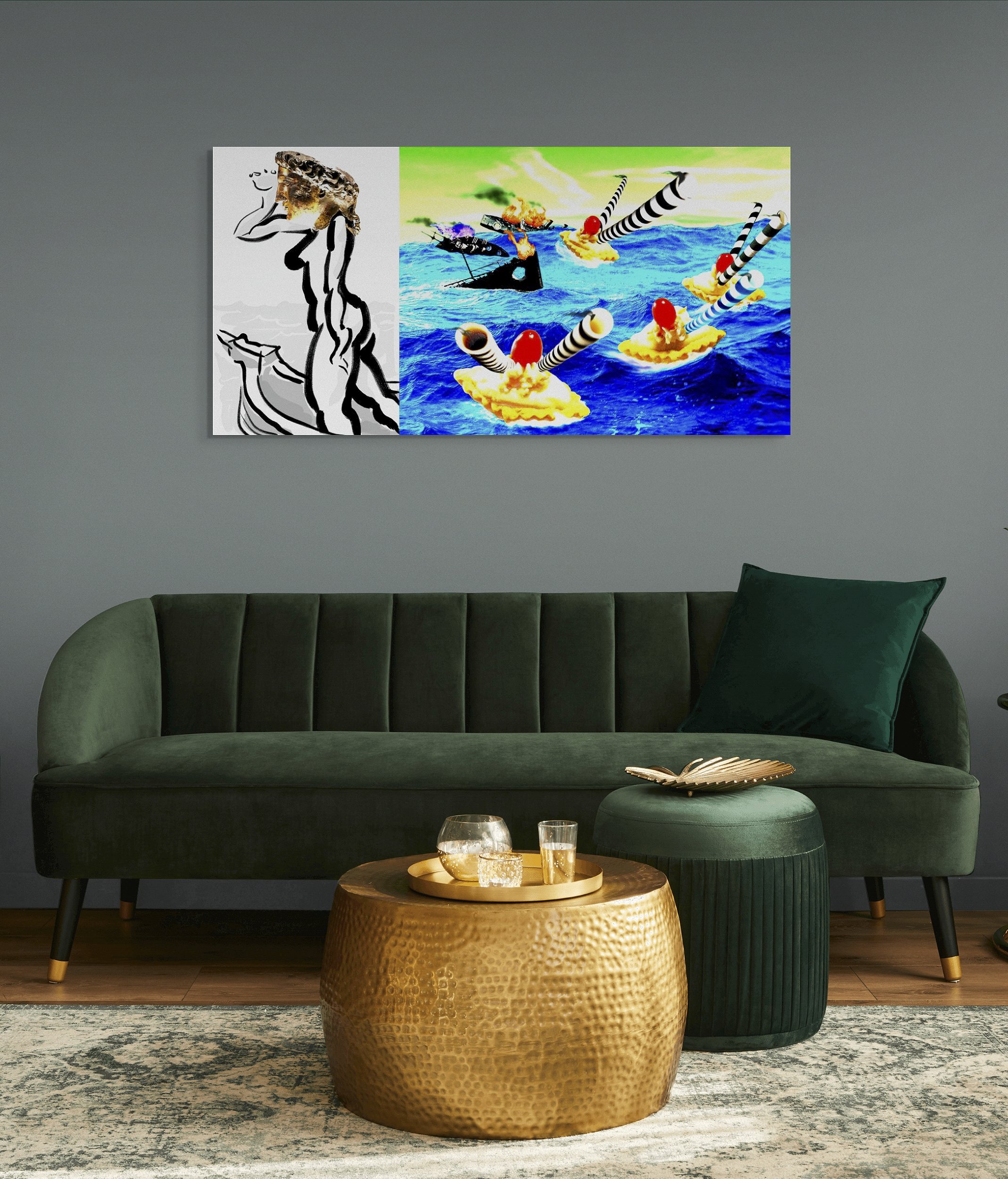 This mock-up shows print of Surrealistic digital composite, Pastry Ships,  on medium-gray wall of room with furnishings in dark green and hammered brass.