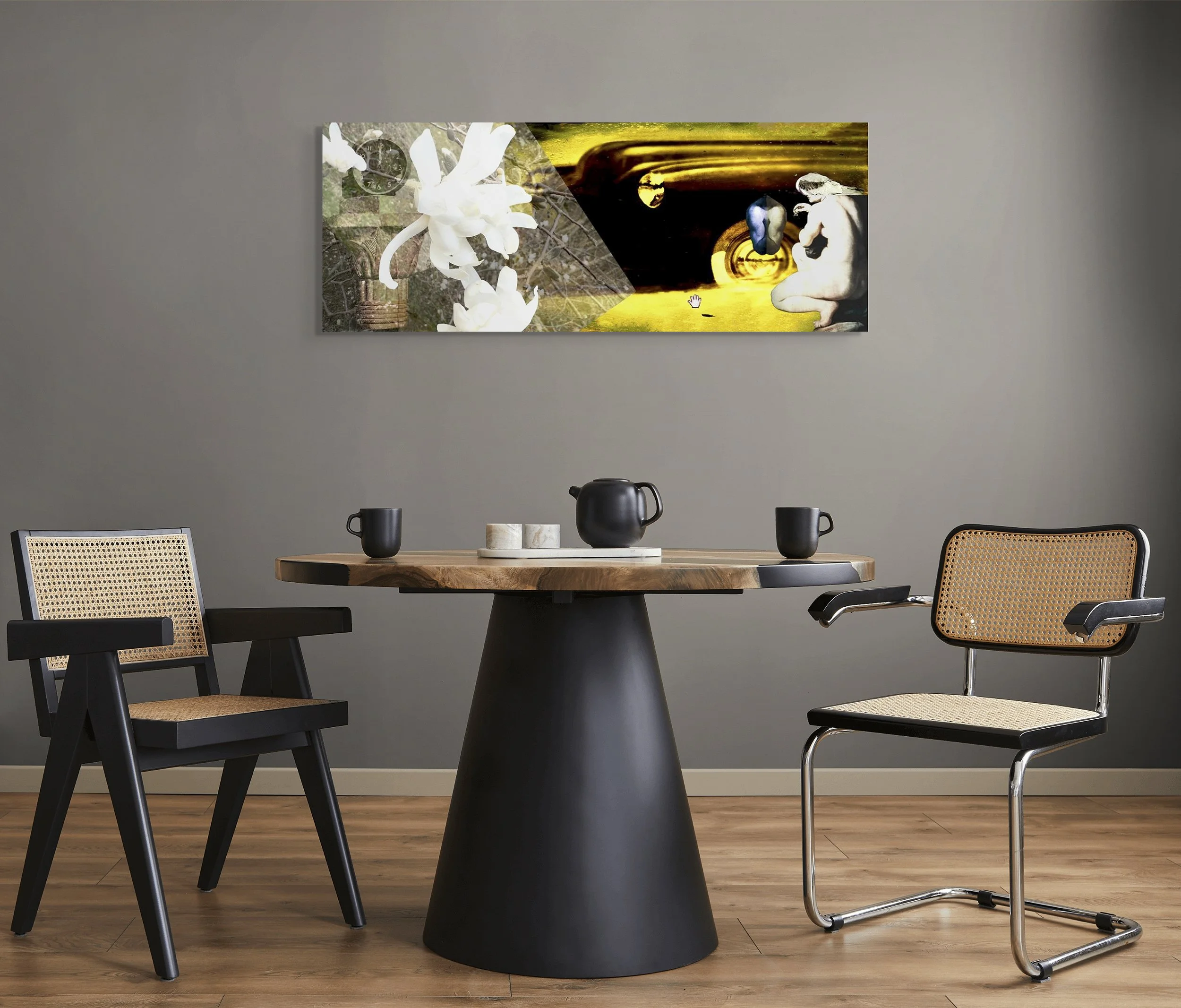 This mock-up shows print of Surreal digital composite, Neverything (Timing), on gray wall of modern room with wood furnishings and black accents.