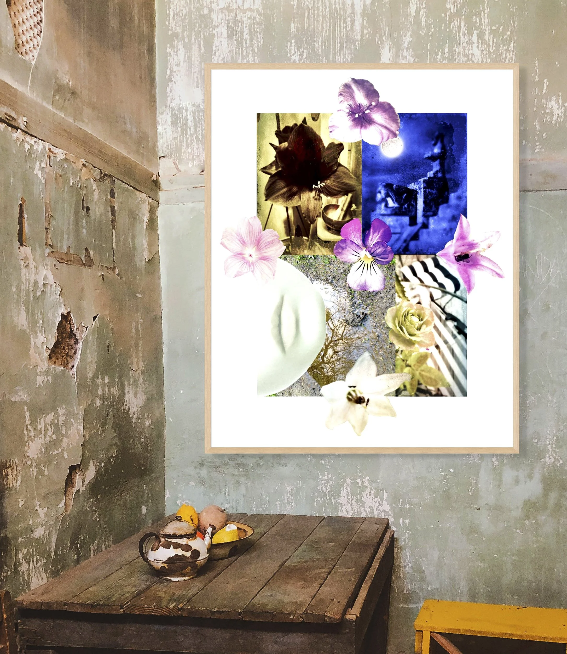 This mock-up shows print of Surrealist digital composite, Garden, on highly distressed, multi-colored peeling plaster wall, in corner with funky distressed wooden furniture.