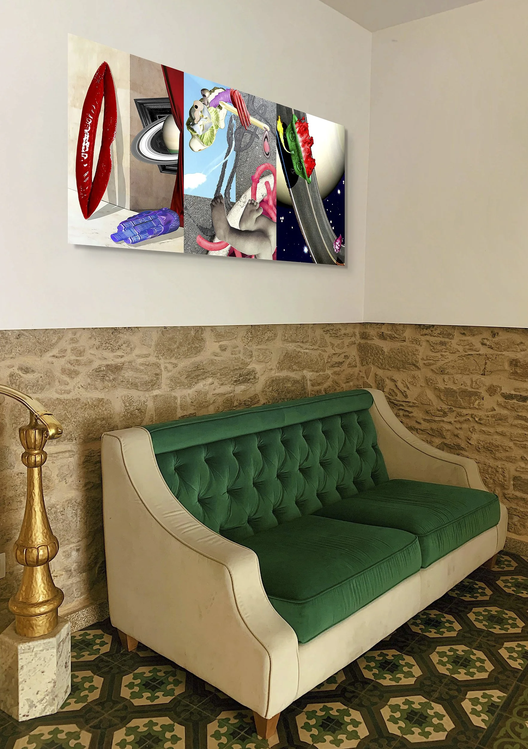 This mock-up shows print of Surreal digital composite, Phases of Saturn, installed on neutral-colored room wall above green sofa.