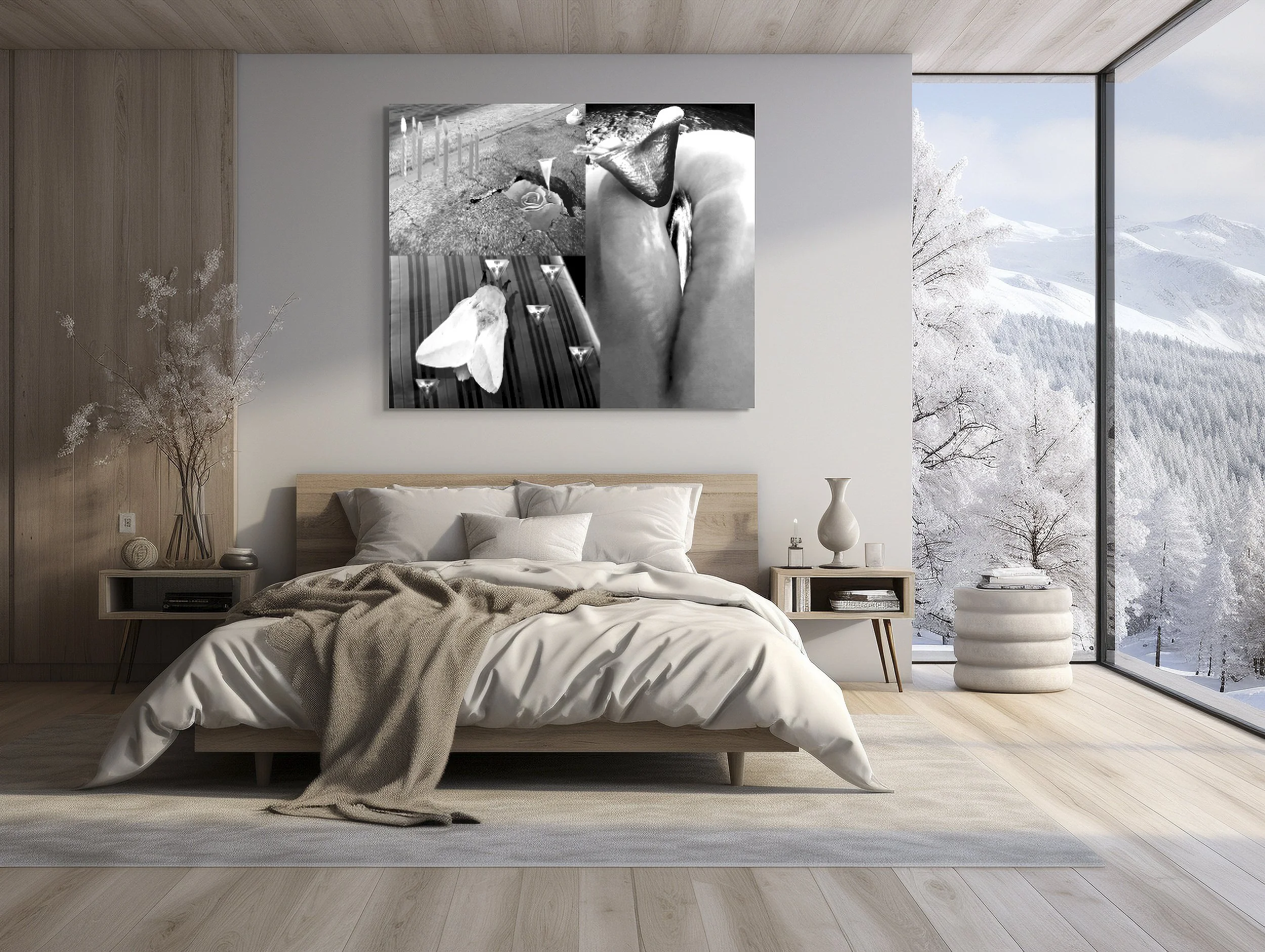 This mock-up shows print of Surrealistic digital composite, Liquid Highways, on pale gray wall of modern bedroom with neutral colors and snowy landscape thru glass walls.