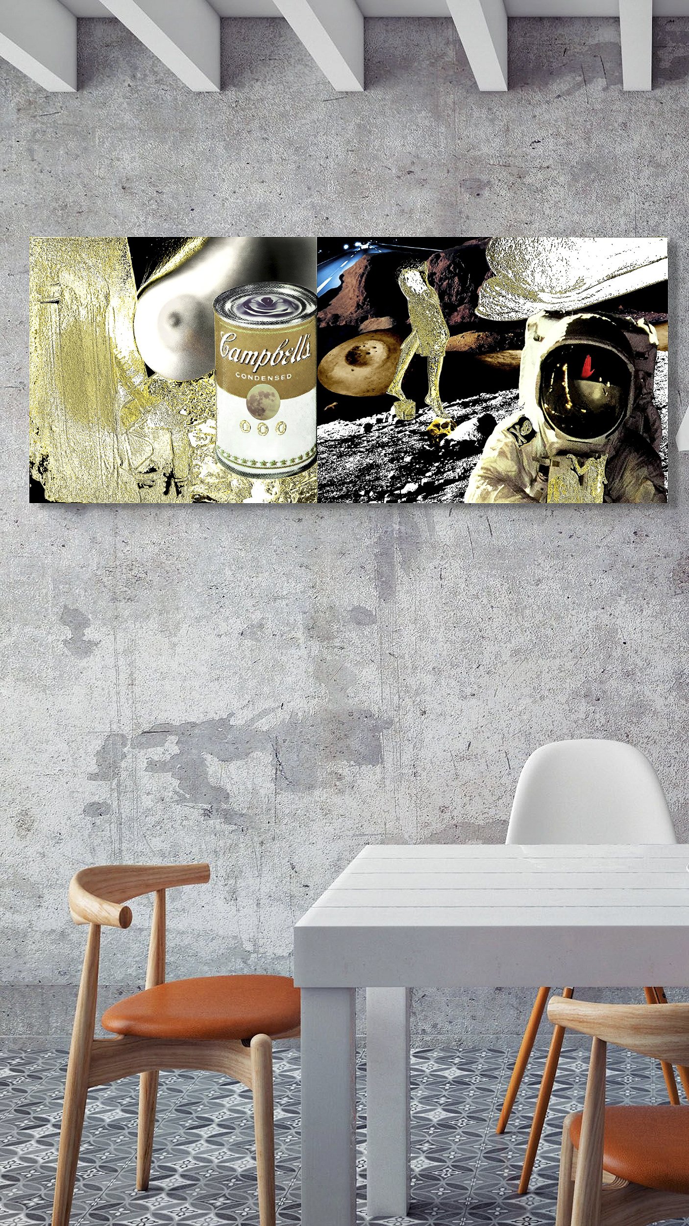 This mock-up shows print of Surreal digital composite, FuelCel, installed on distressed gray cement coated wall, behind table and chairs, in neutral-toned room with warm accents.