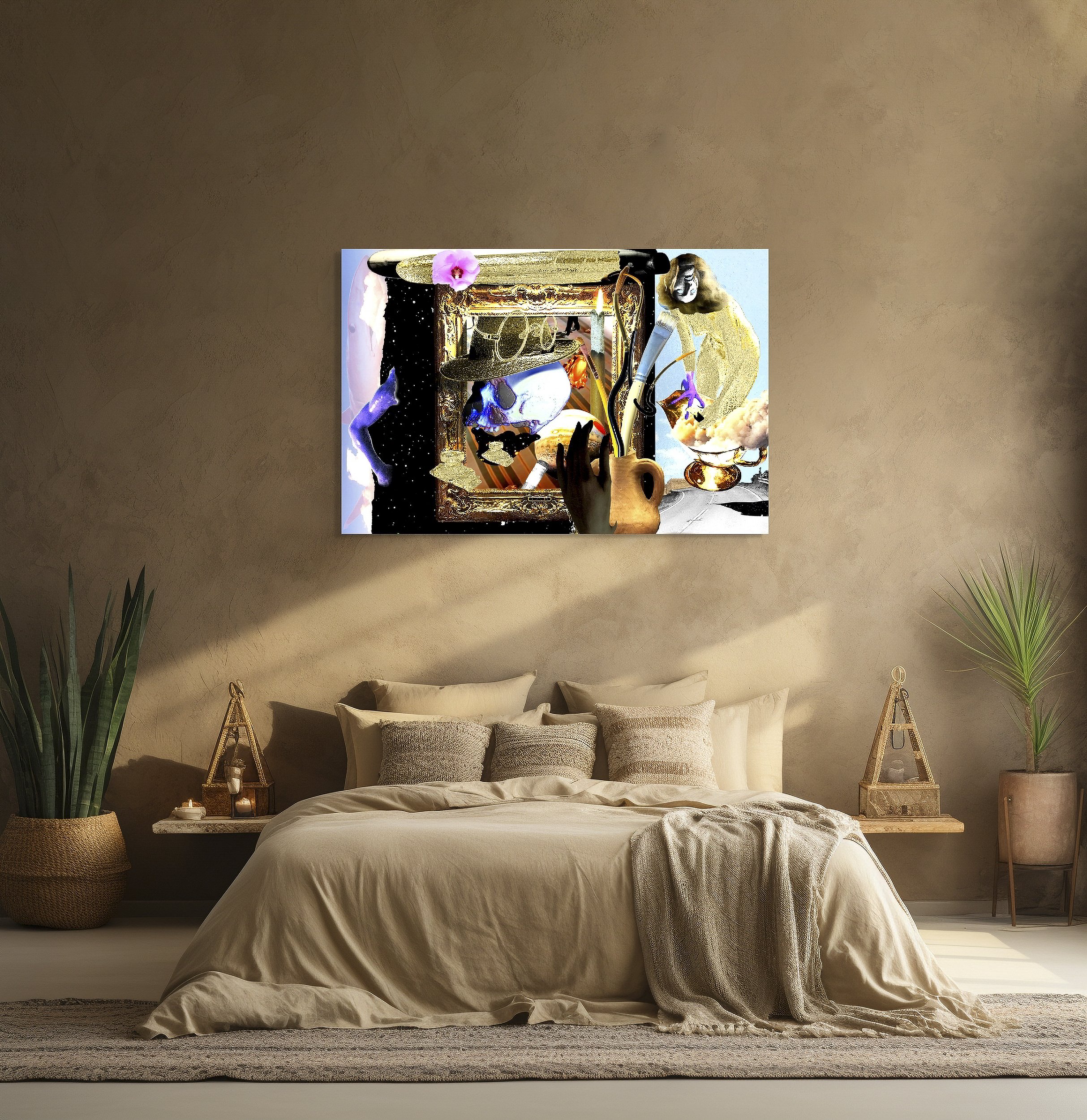 This mock-up shows print of Surreal digital composite, Active Brushes, installed on wall, above bed, in room with warm colors.