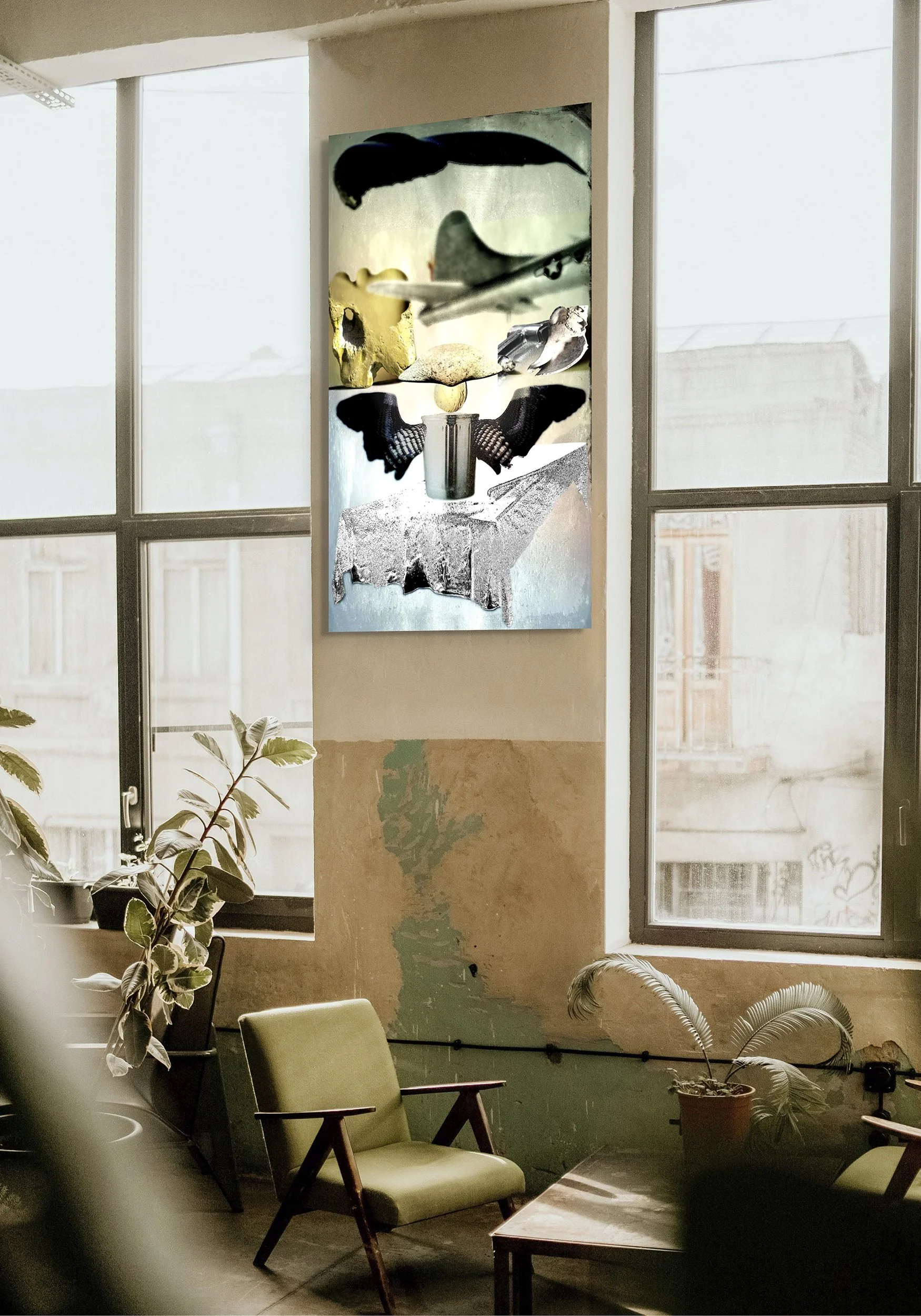 This mock-up shows print of Surreal digital composite, Debriefing, on narrow wall section between loft windows;  warm and cool furnishing colors and sunbeam.
