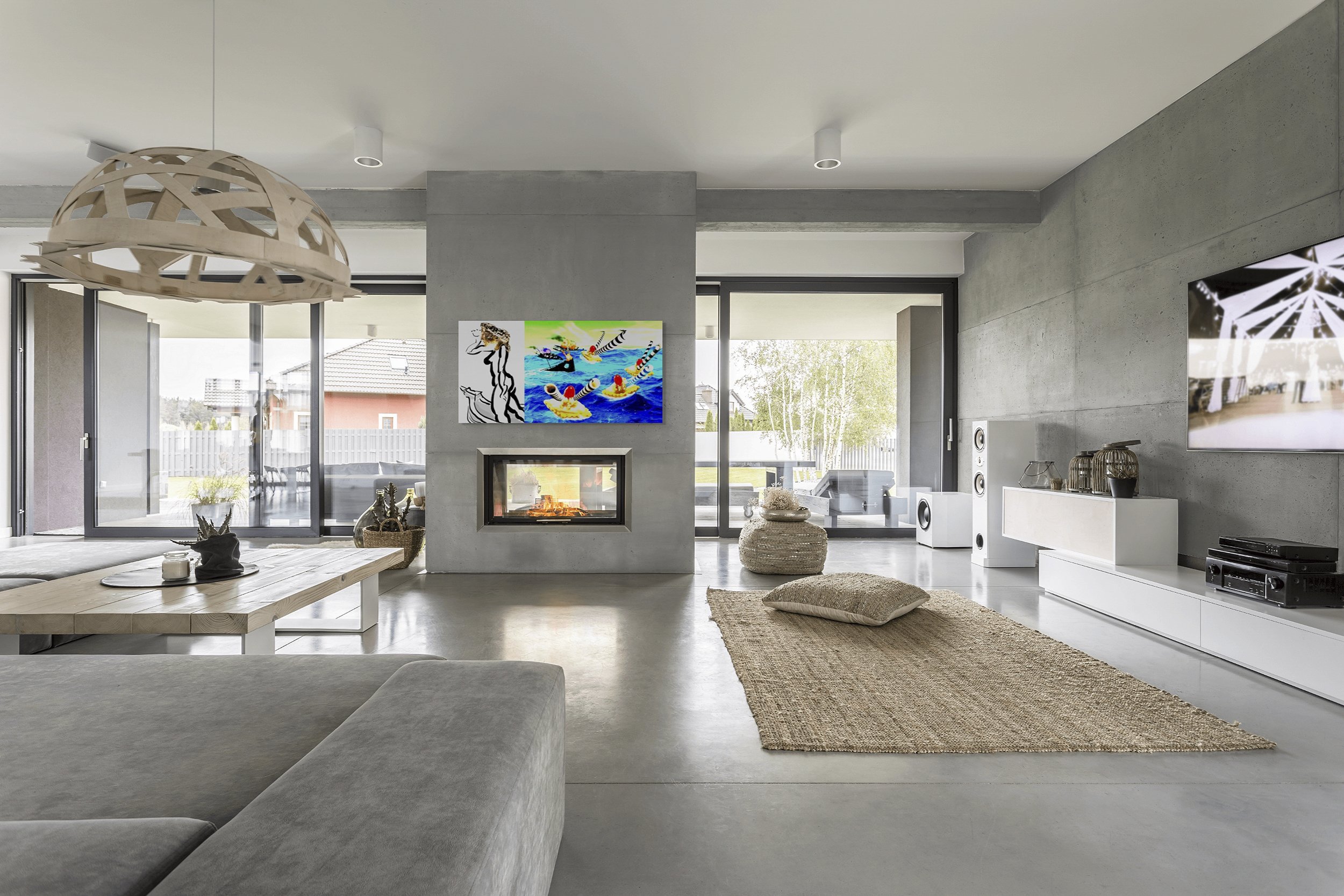 This mock-up shows print of Surreal digital composite, Pastry Ships, installed on fireplace column in contemporary living space with neutral-colored furnishings and polished concrete floor.