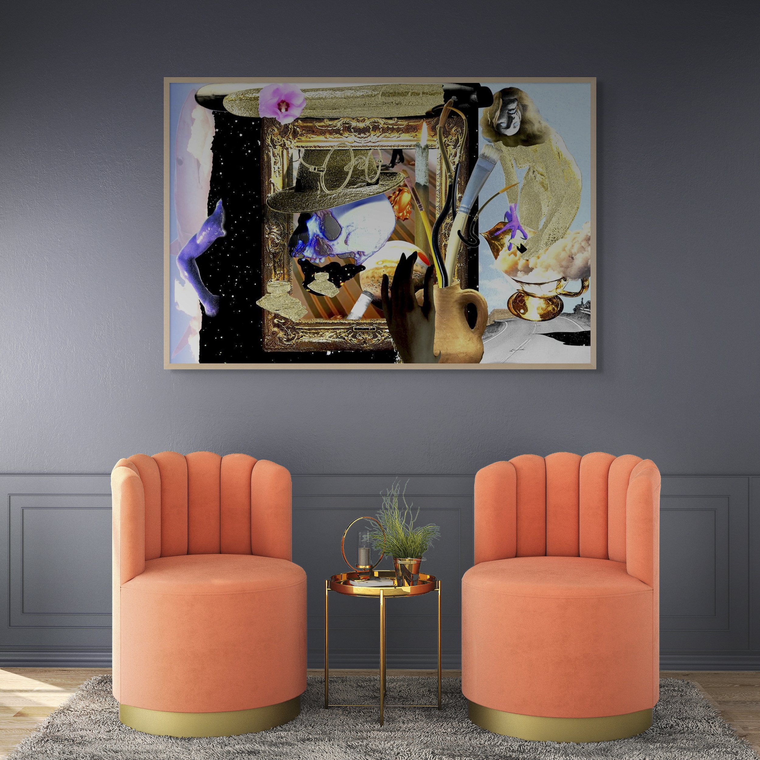 This mock-up shows print of Surrealist digital composite, Active Brushes, installed on gray wall, with furnishings in warm colors.