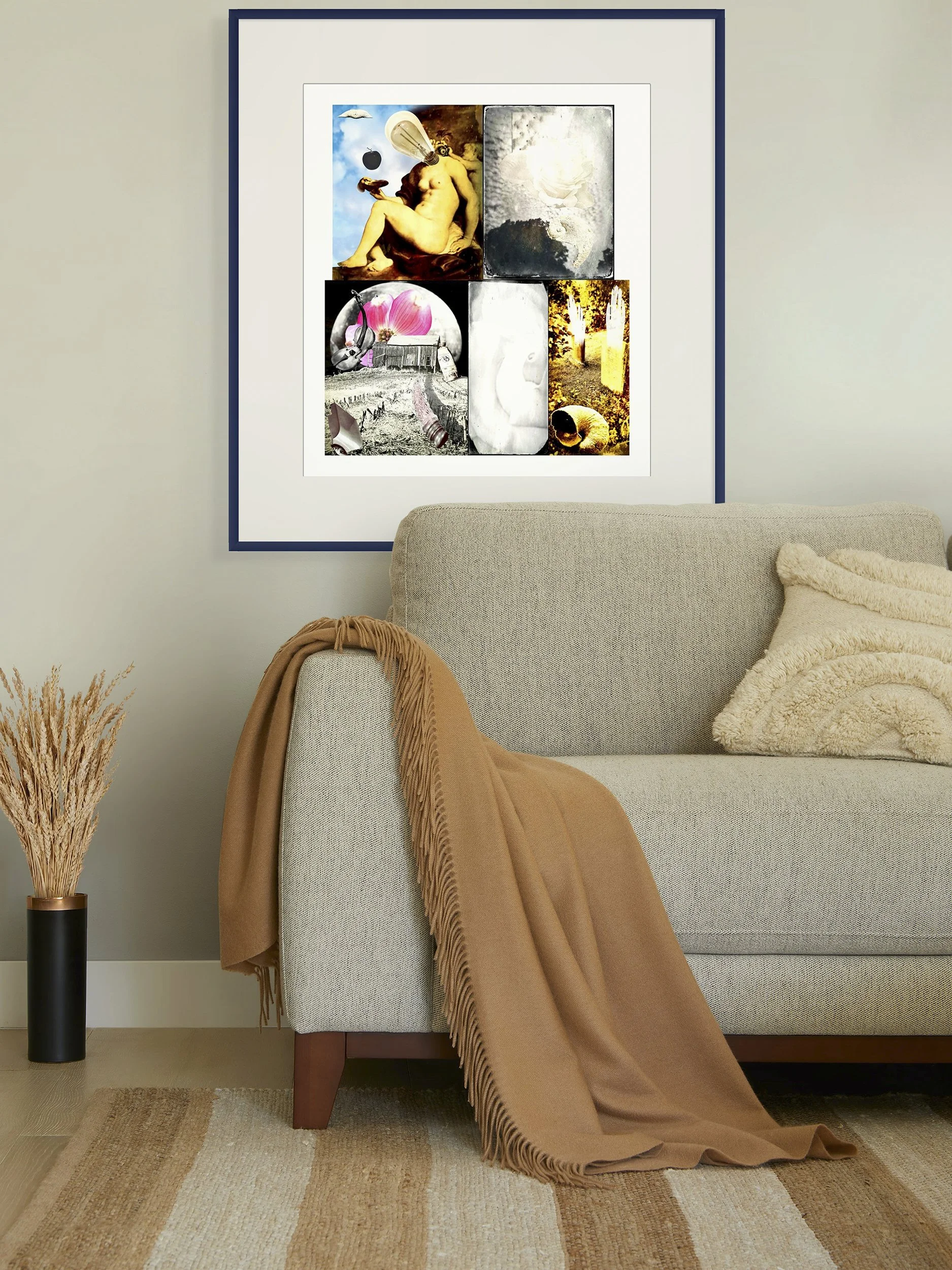 This mock-up shows print of Surrealist digital composite, Stacked Hx, on light gray wall with furnishings in grays and warm tones.