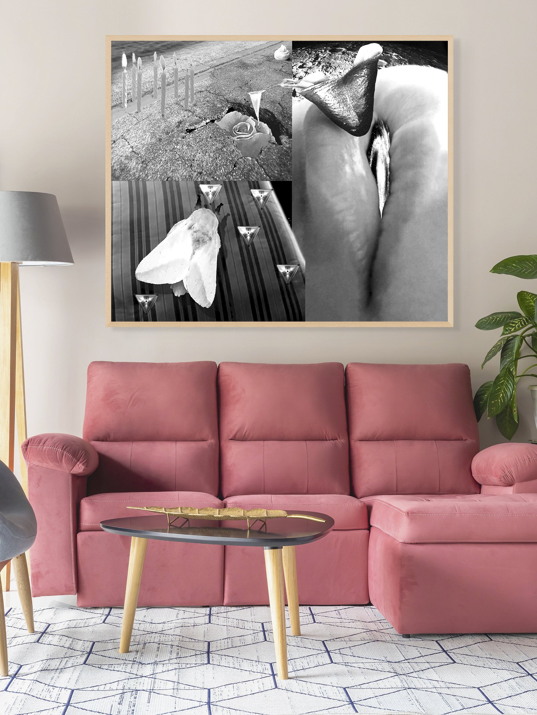 This mock-up shows print of Surreal digital composite, Liquid Highways, on pale gray wall, behind muted pink sofa in modern room.