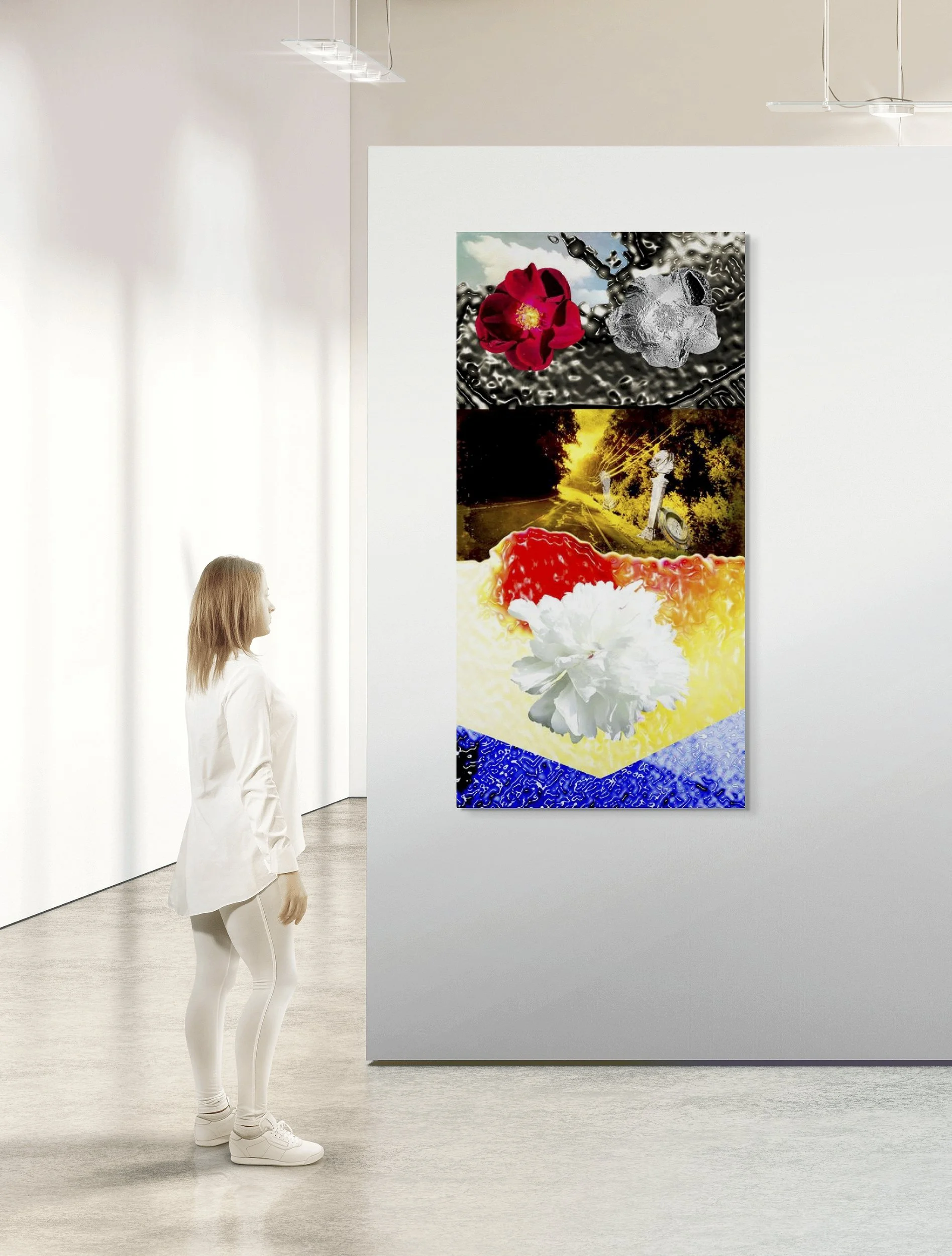 This mock-up shows print of Surreal digital composite, Supernatural, installed on pale gray gallery wall with spectator on concrete floor.