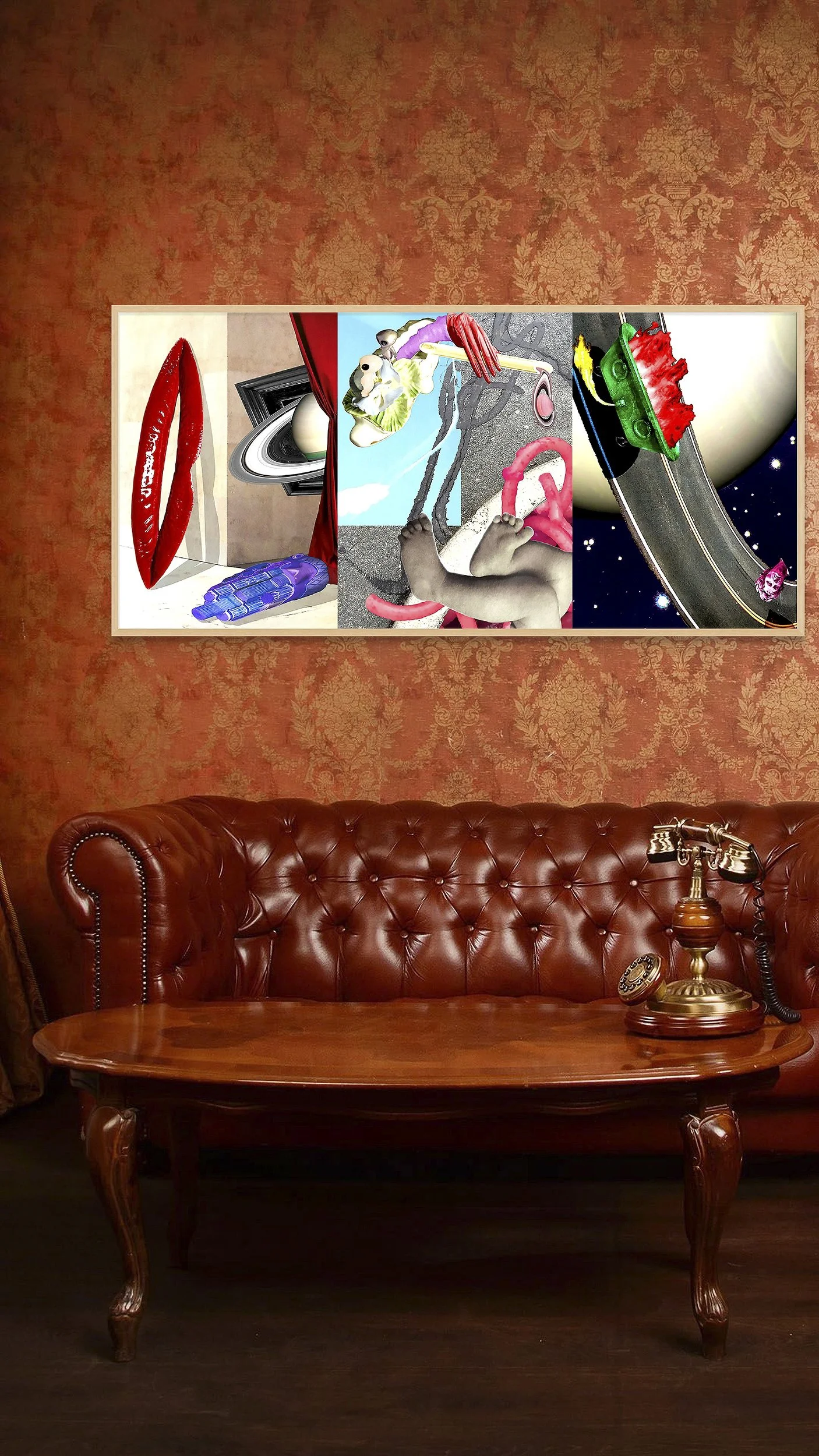 This mock-up shows print of Surreal digital composite, Phases of Saturn, installed on wall of plush room with warm colors.
