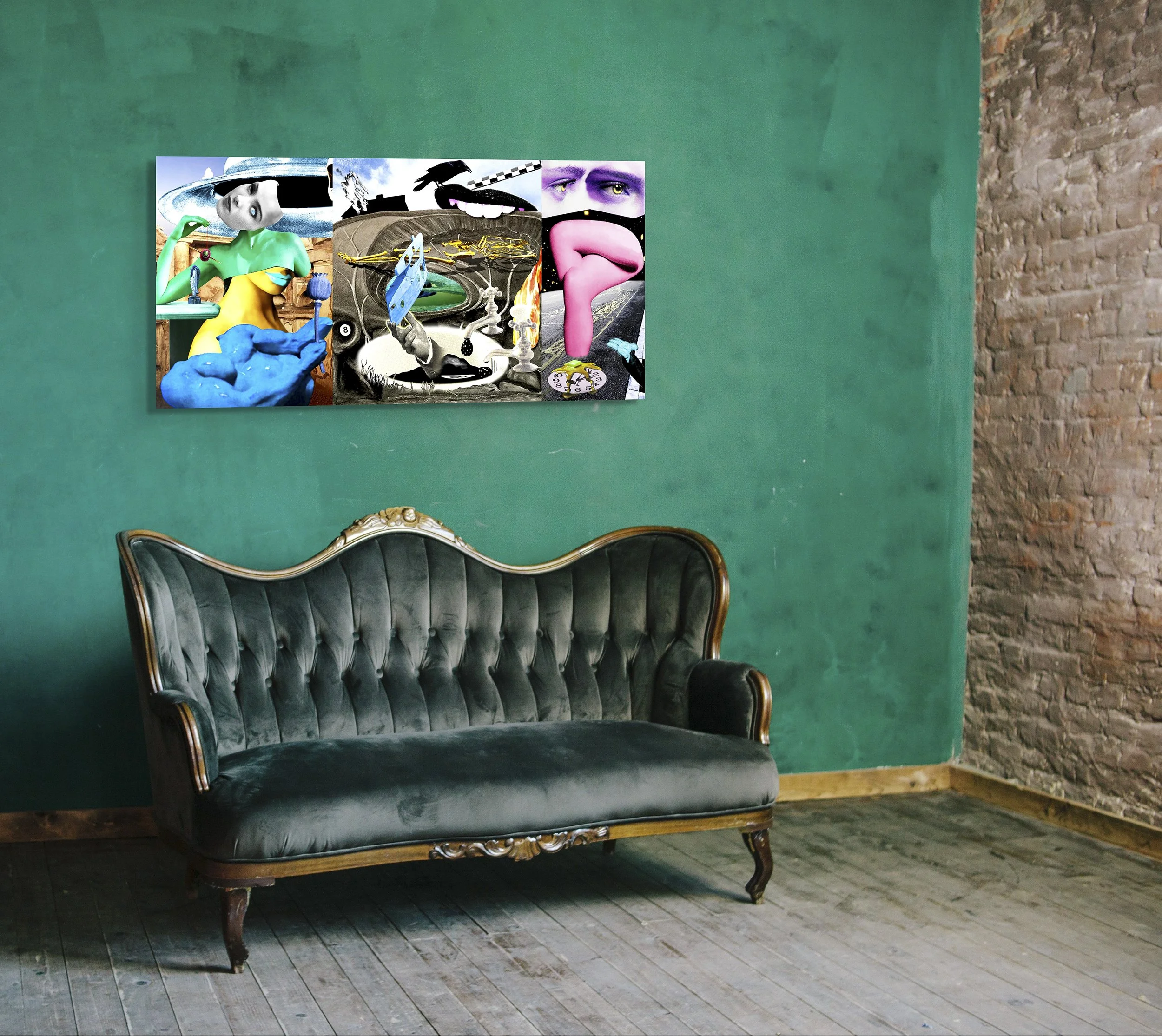 This mock-up shows print of Surreal digital composite, twama, installed on vivid green wall, above dark green sofa, in room with neutral/cool colors.