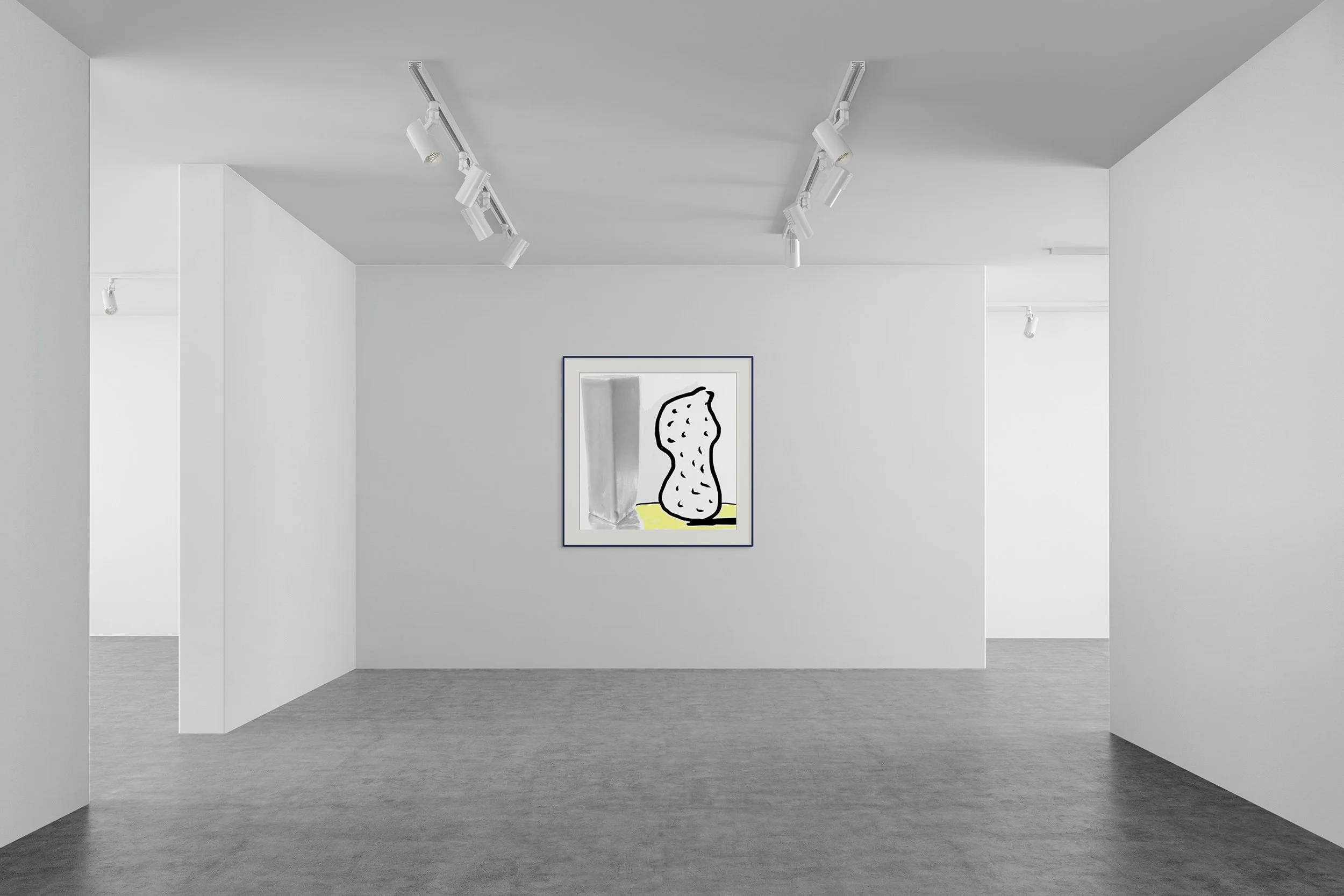 Mock-up showing matted and framed print of Surrealist digital composite, Peanut | Butter, alone, on medium-gray wall of extensive gallery space.
