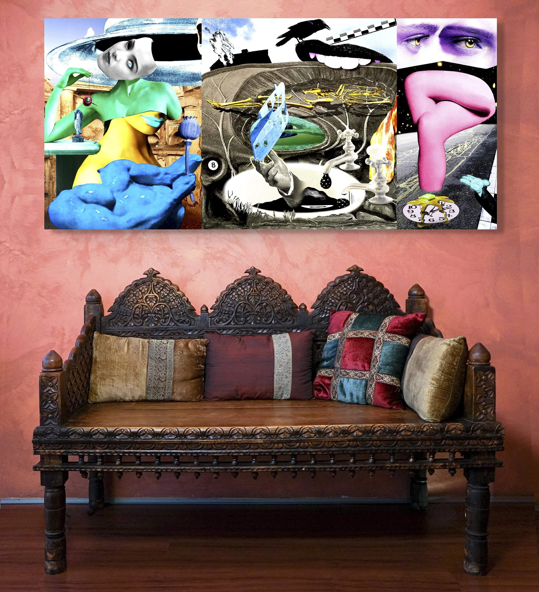 This mock-up shows print of Surrealistic digital composite, twama, installed on pink-toned wall, above warm-colored furnishings.