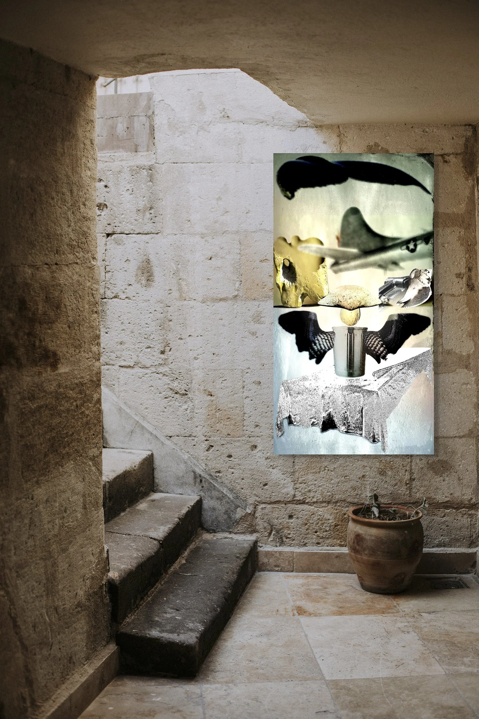This mock-up shows print of Surrealist digital composite, Debriefing, installed on old stone wall, at bottom of old stone stairway, with stone-tiled floor;  warm/neutral tones.