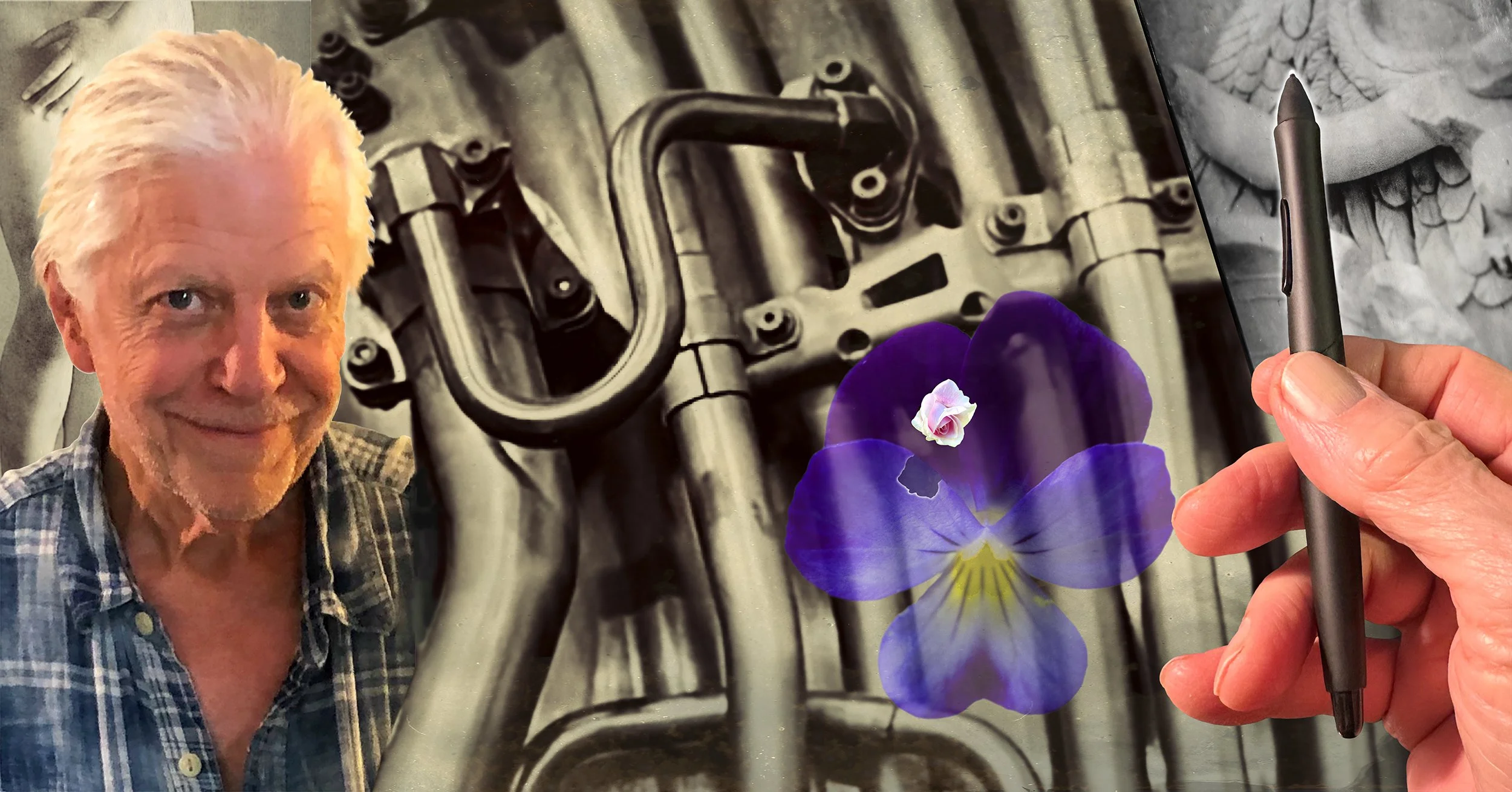 Collage with an older man, mechanical pipes, a purple flower, and a hand holding a pen.