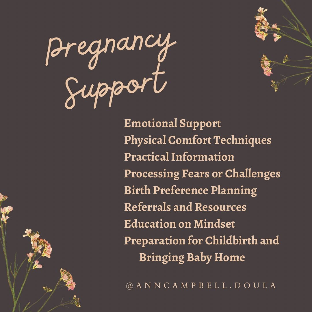 Every pregnancy is different and  every expecting parent may want and need a different type and level of support!
&bull;
These are some of the ways a doula can help and encourage you through those 40 (+ or -) weeks!
&bull;
🤎 Emotional Support
🤍 Phy