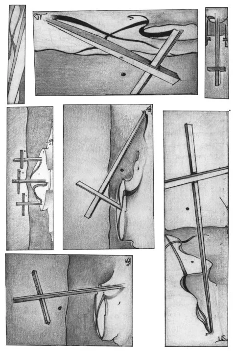 Graphite drawing composed of multiple studies of long, slender crosses arranged within rectangular panels, with abstract landscape and organic forms.