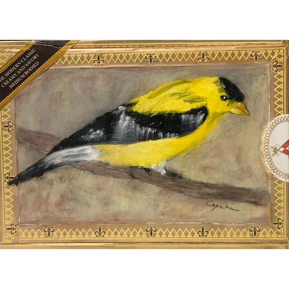 Mary Czechan Coldren
"American Goldfinch"
Oil on Cigar Box 
5.5” x 7.5”
$350.00