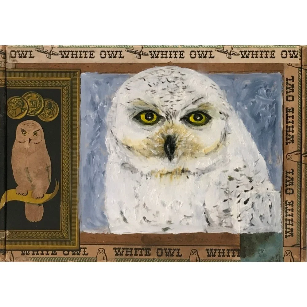 Mary Czechan Coldren
"Snowy Owl"
Oil on Cigar Box 
6” x 8.5”
$300.00