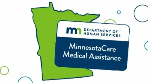 Illustration of the state of Minnesota with a card reading MinnesotaCare Medical Assistance from the Minnesota Department of Human Services.