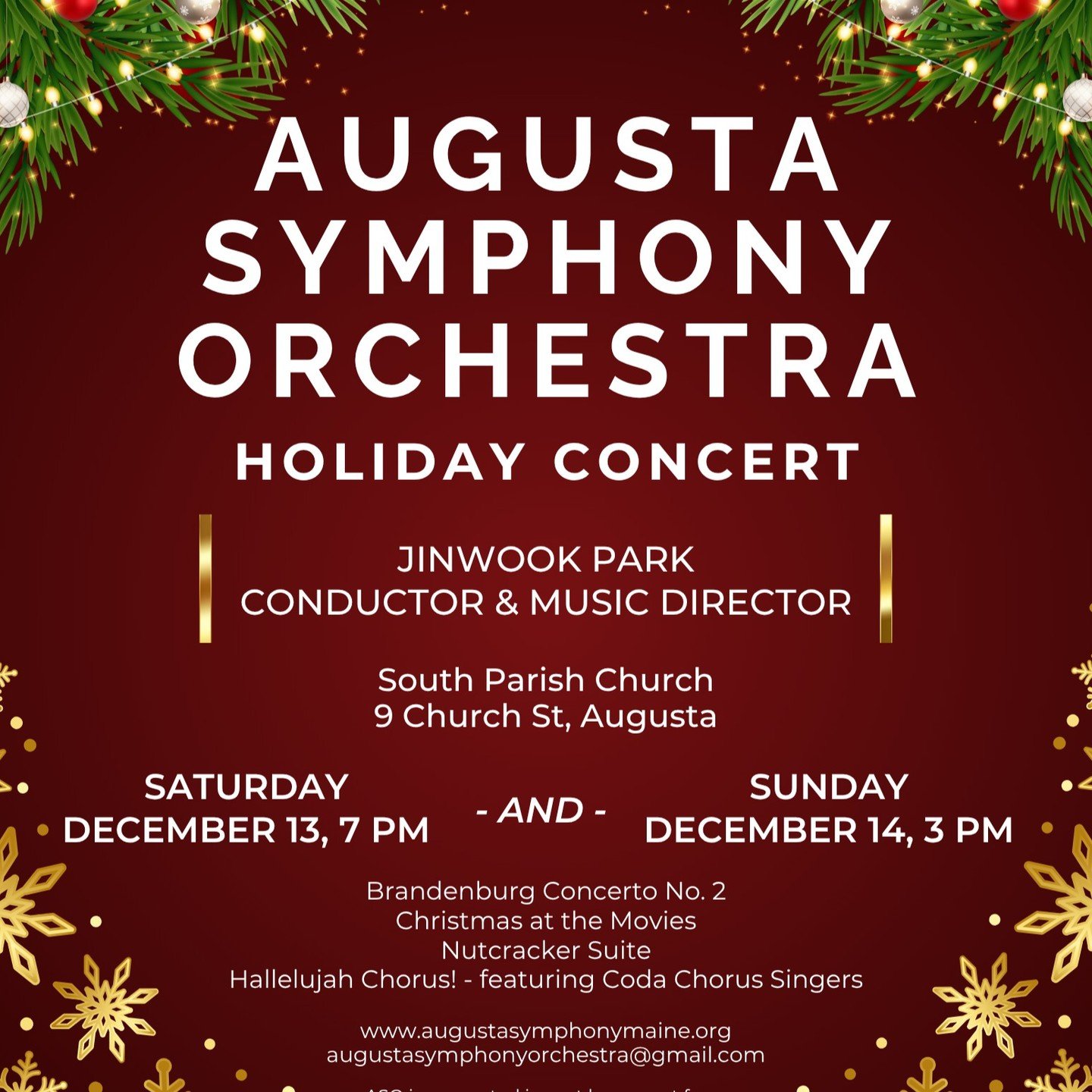 A Celebration of the Season with the Augusta Symphony Orchestra!

The Augusta Symphony Orchestra invites you to celebrate the magic of the holidays with two performances at South Parish Church, 9 Church Street in Augusta. Join us on Saturday, Decembe